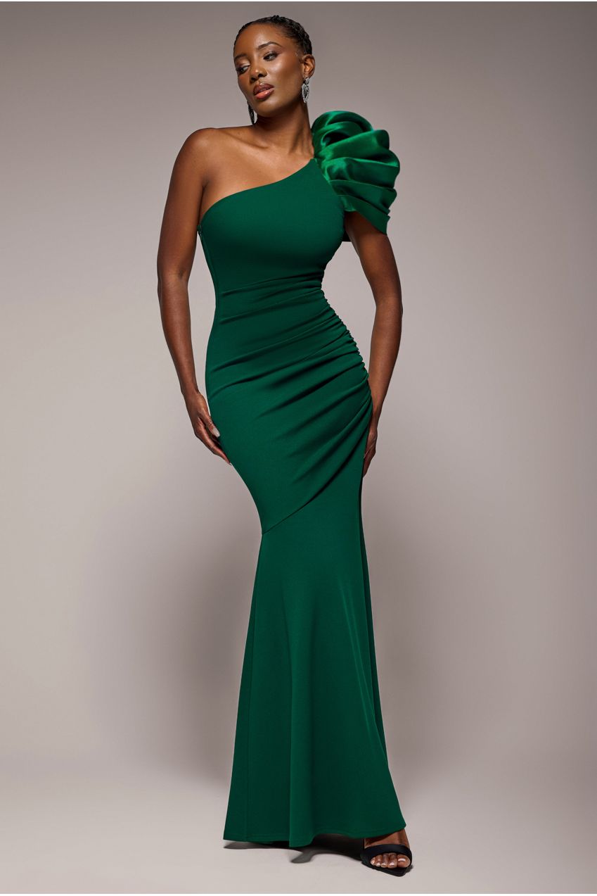 Goddiva One Shoulder Puffed Satin Sleeve Evening Maxi Dress