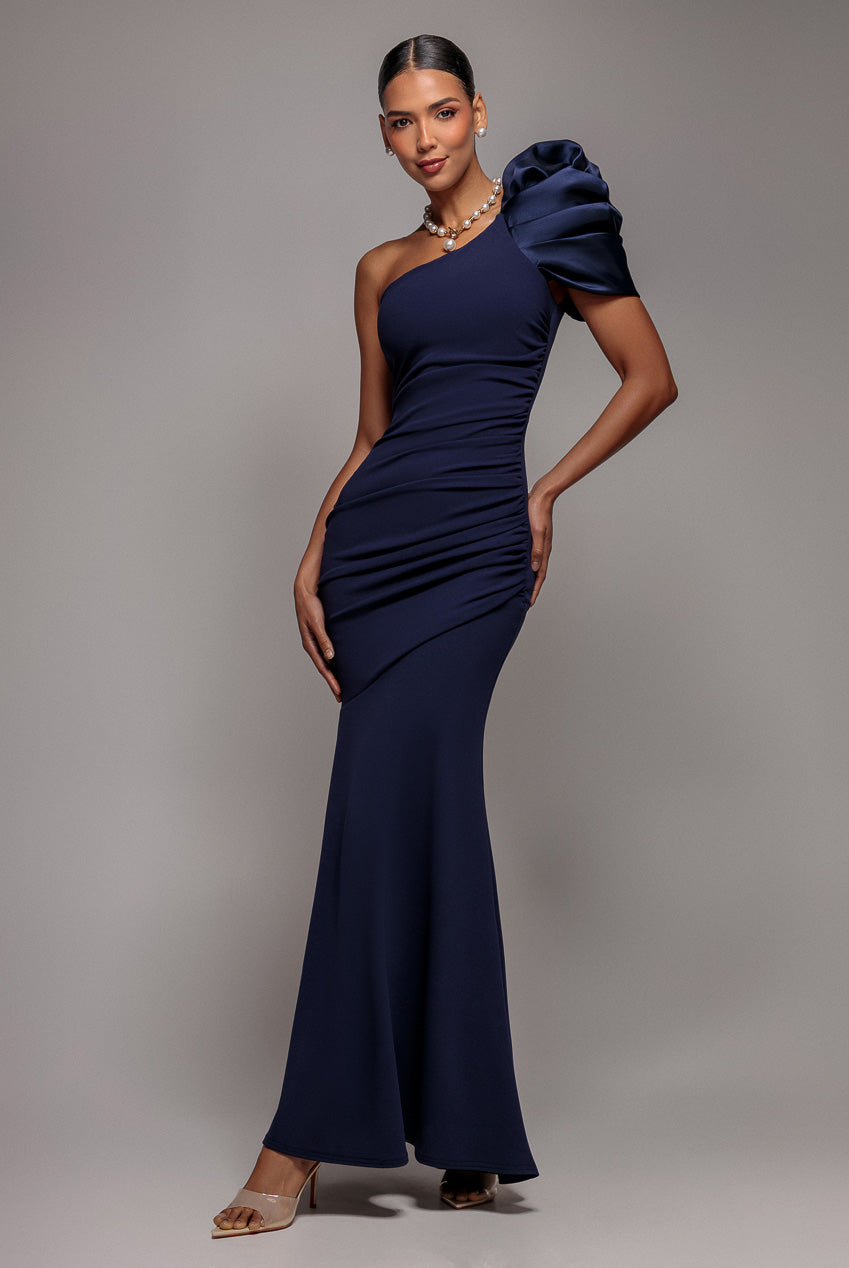 Goddiva One Shoulder Puffed Satin Sleeve Evening Maxi Dress