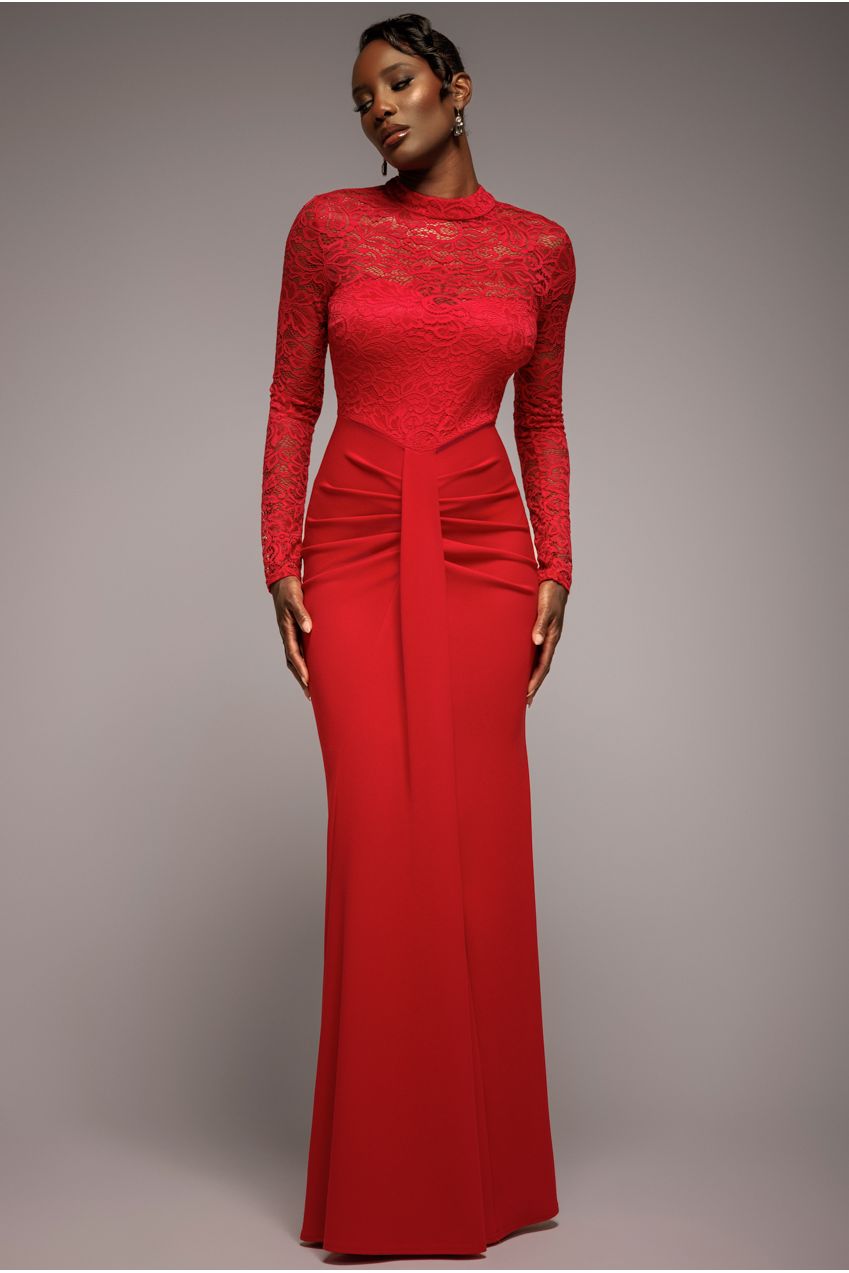 Goddiva Lace High Neck Sheer Bodice Long Sleeve Maxi Dress