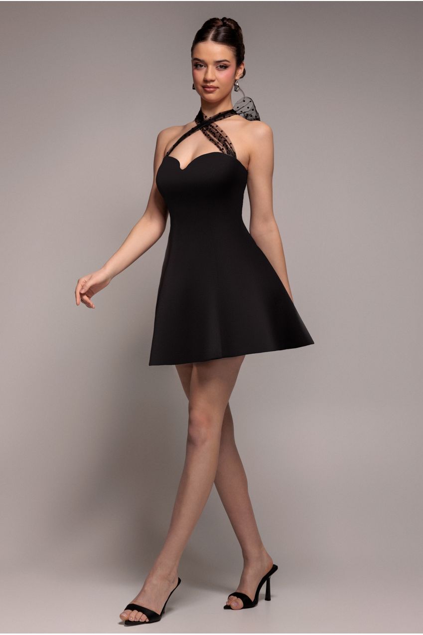 Goddiva Scuba & Polka Mesh Bella Bow Multiway Skater Mini Dress