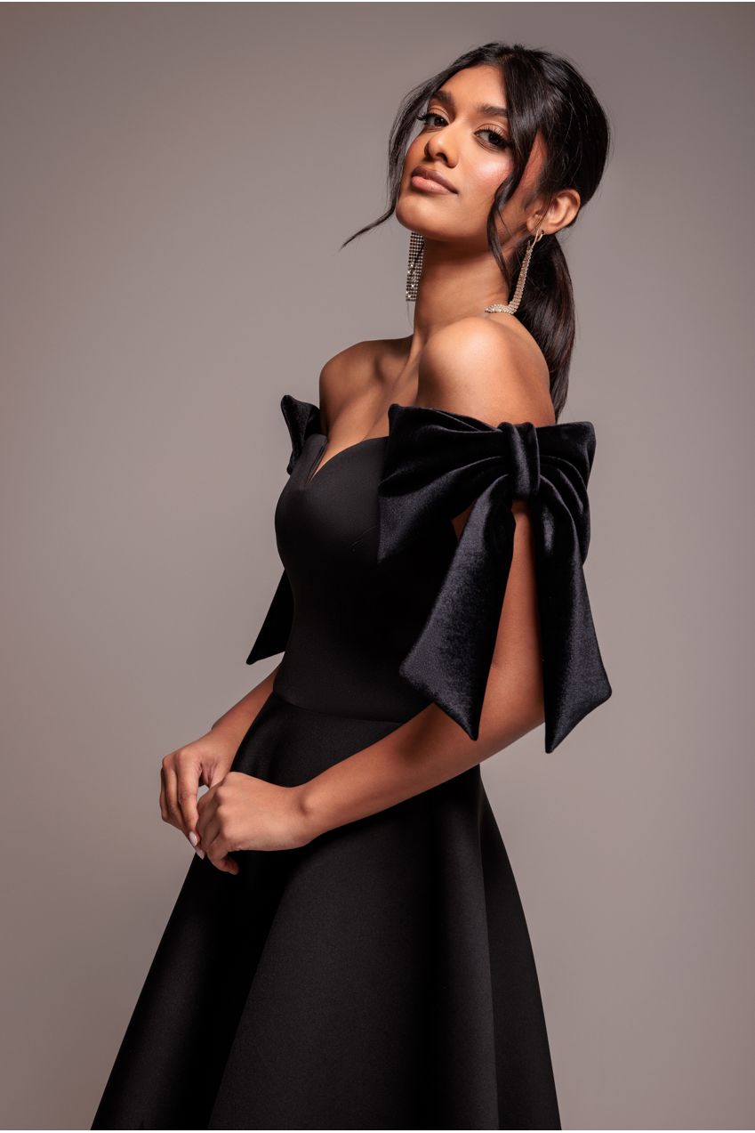 Goddiva Scuba Off The Shoulder Velvet Bow Skater Midi Dress