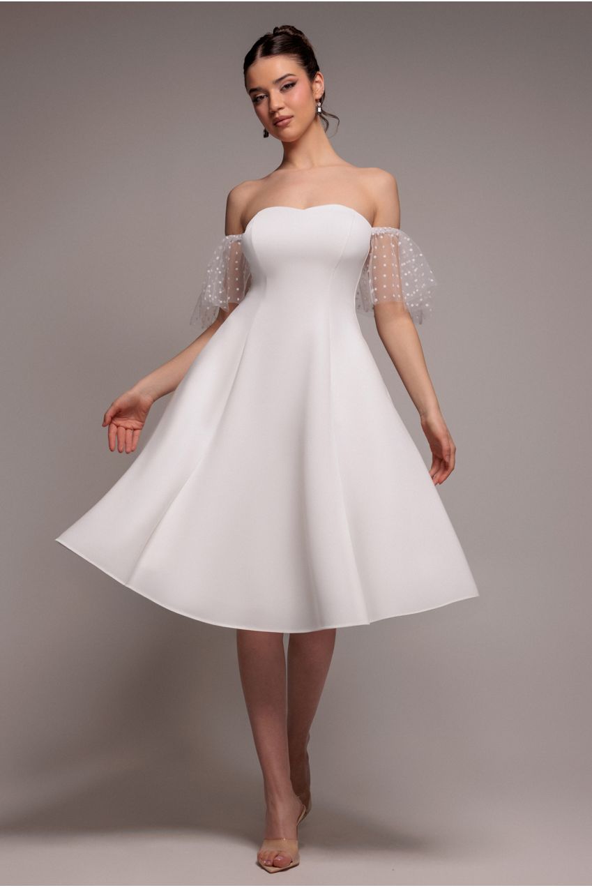 Goddiva Scuba & Polka Mesh Off The Shoulder Midi Dress