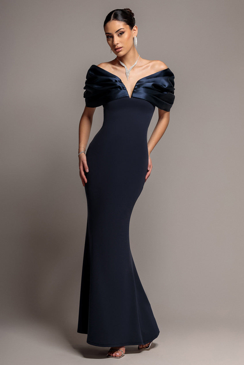 Goddiva Satin Plunge Neck Bardot Scuba Maxi Dress