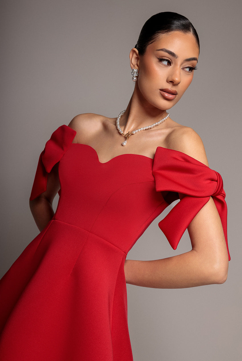 Goddiva Bardot Plunge Neck Bow Sleeve Skater Mini Dress