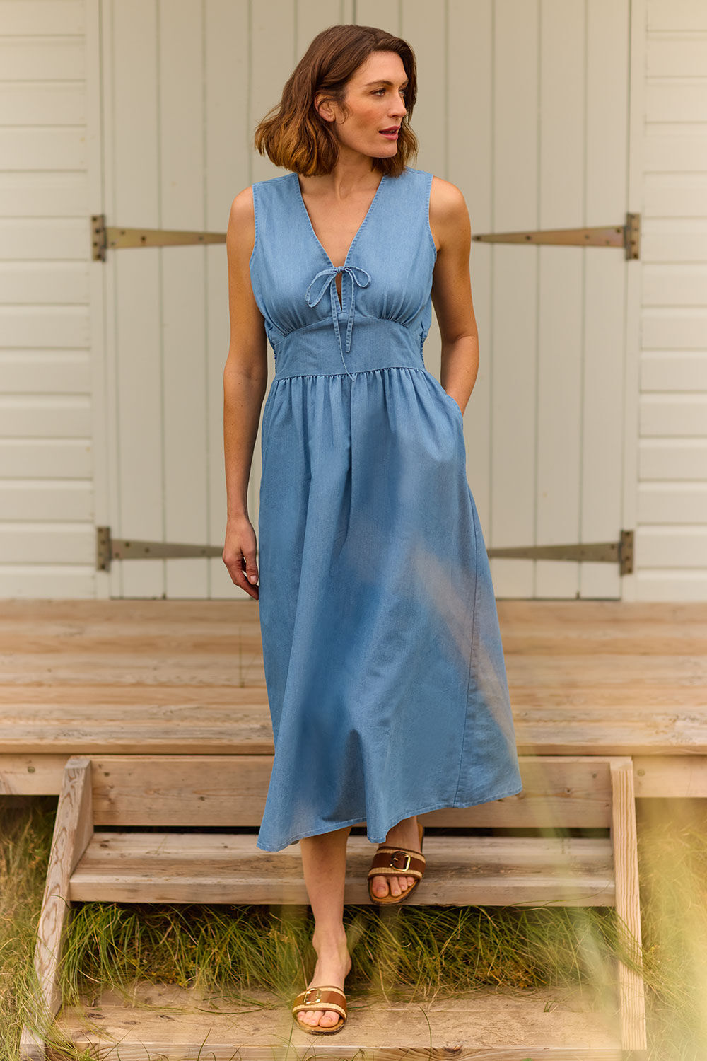 Autonomy Blue - Tie Front Sleeveless Chambray Dress, Size: