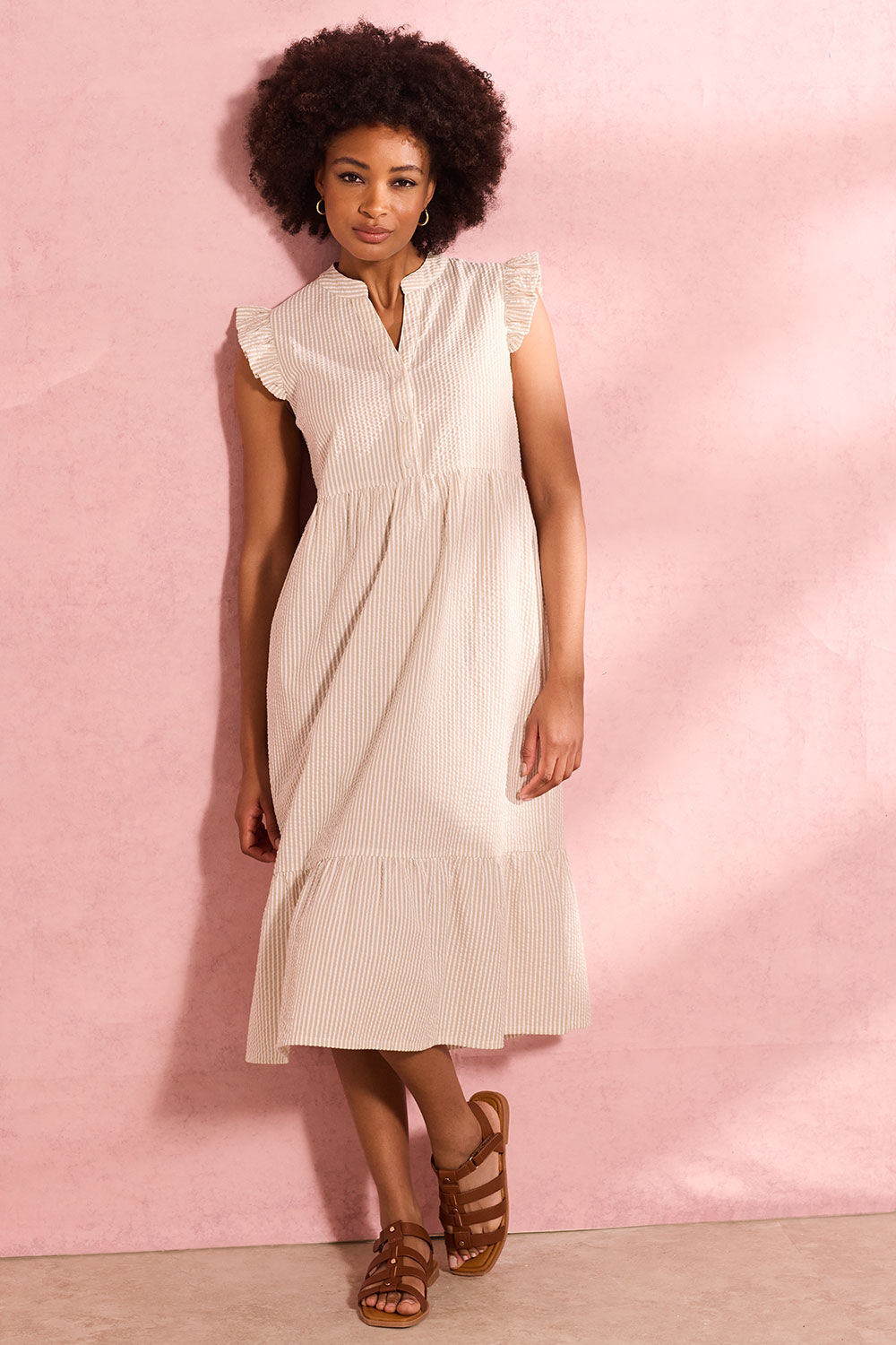 Bonmarche Seersucker Frill Sleeve Tiered Dress