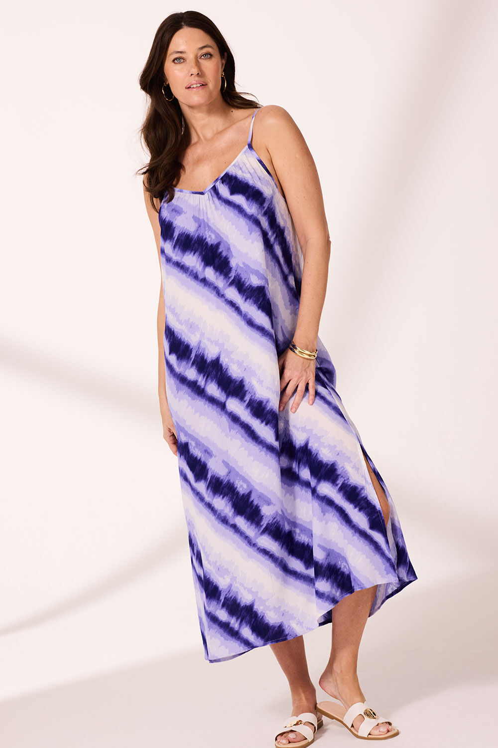 Bonmarche Blue Watercolour Stripe V-neck Sun Dress, Size: