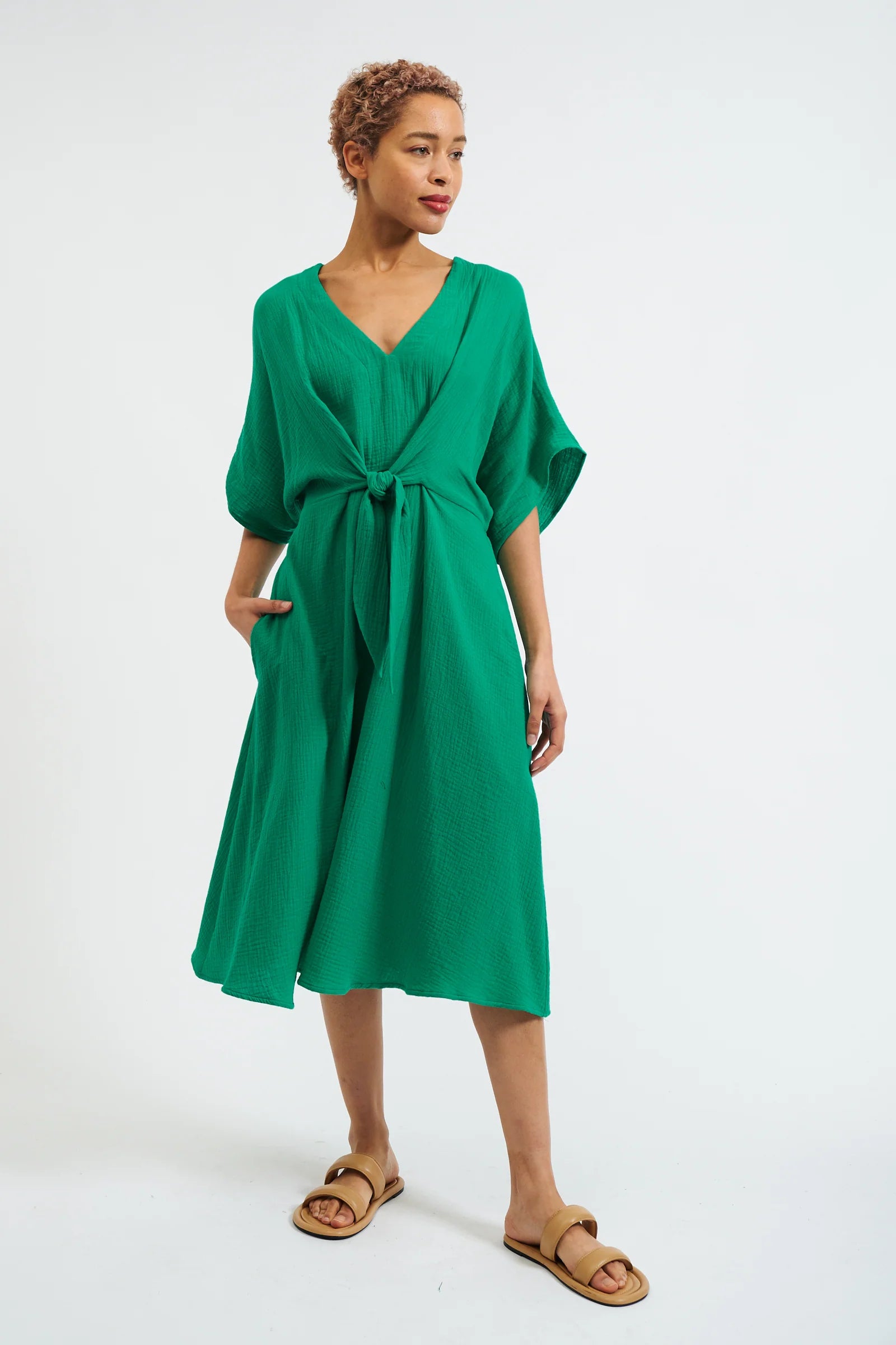 Elody Double Gauze Tie Waist Midi Dress - Green - Green