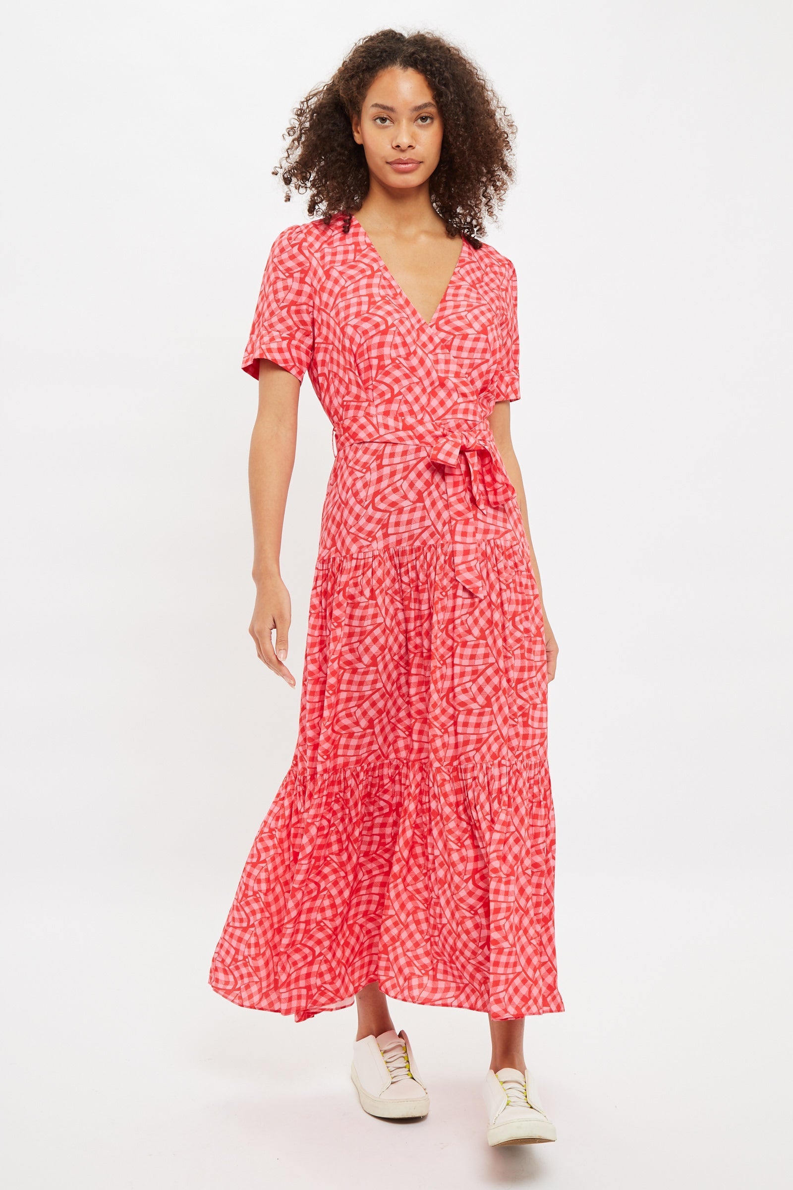 Louche Emin Gingham Twist Print Tiered Short Sleeve Midi Dress - RedPink