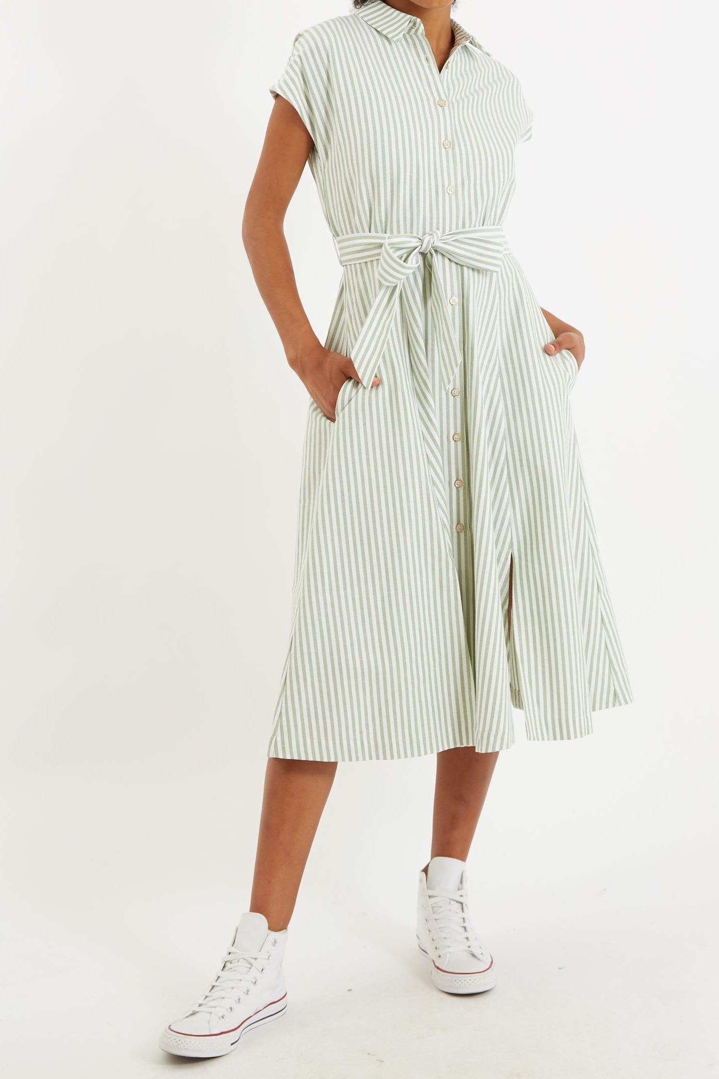 Fleur Sail Stripe Midi Shirt Dress - GreenWhite