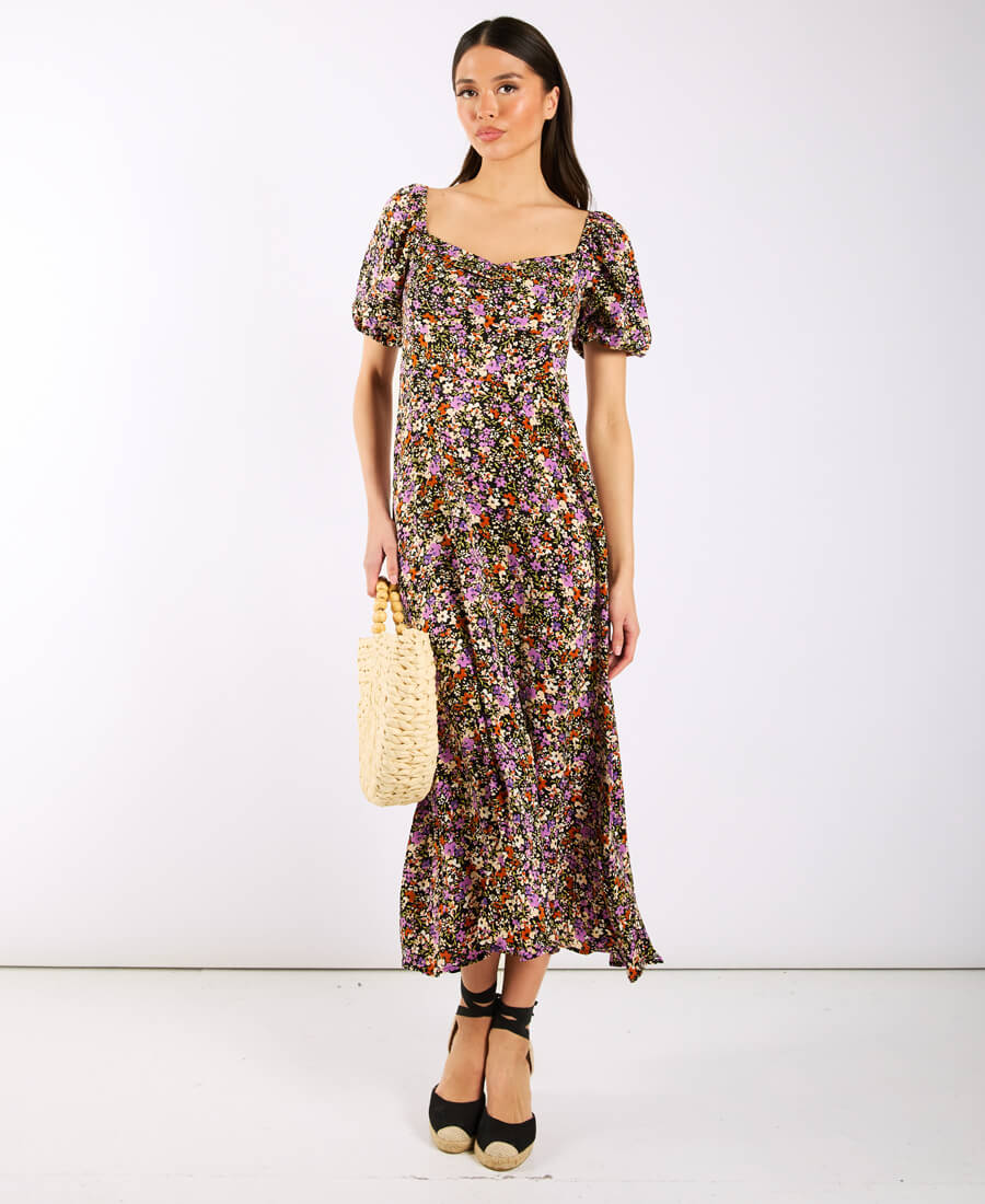 Purple Floral Sweetheart Neck Midi Dress