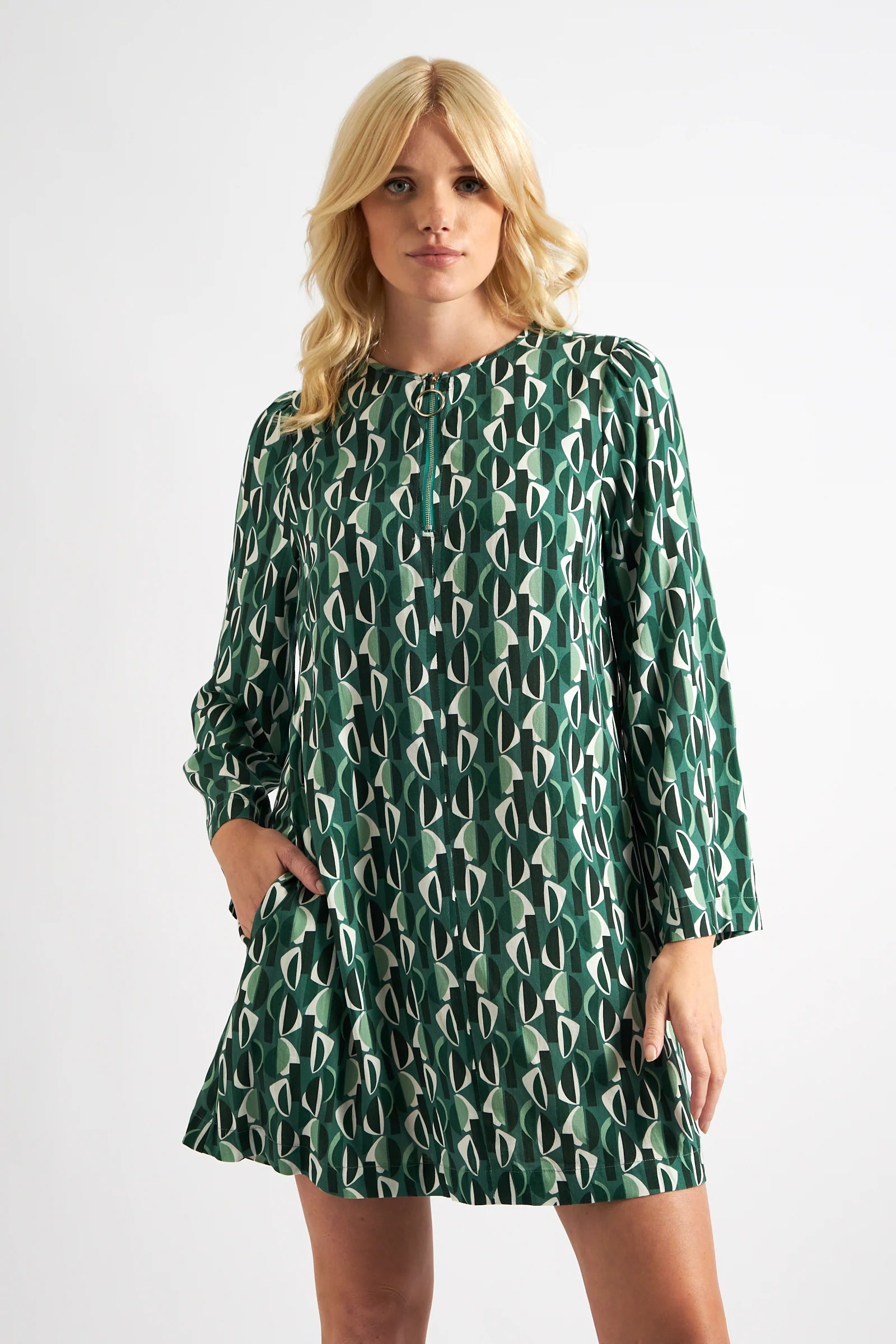 Gwenola Mid Century Retro Print Mini Dress - Green - Green