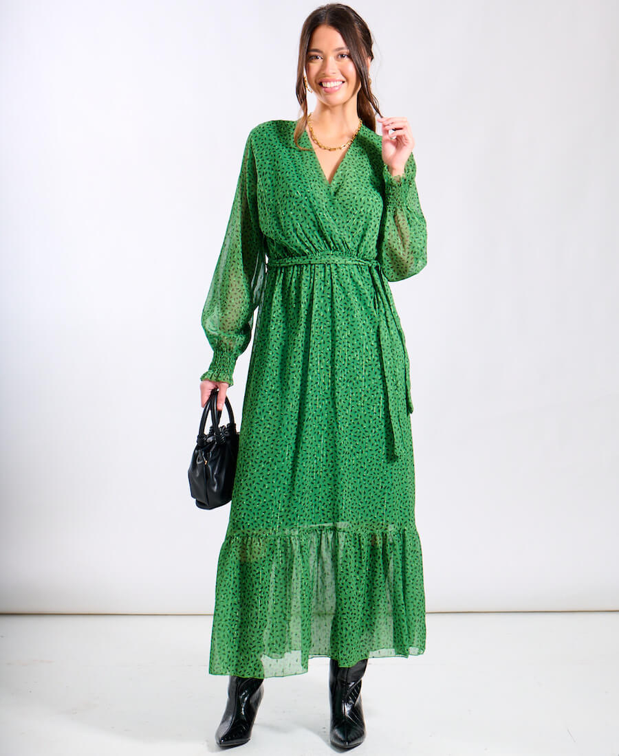 Green Animal Chiffon Maxi Dress