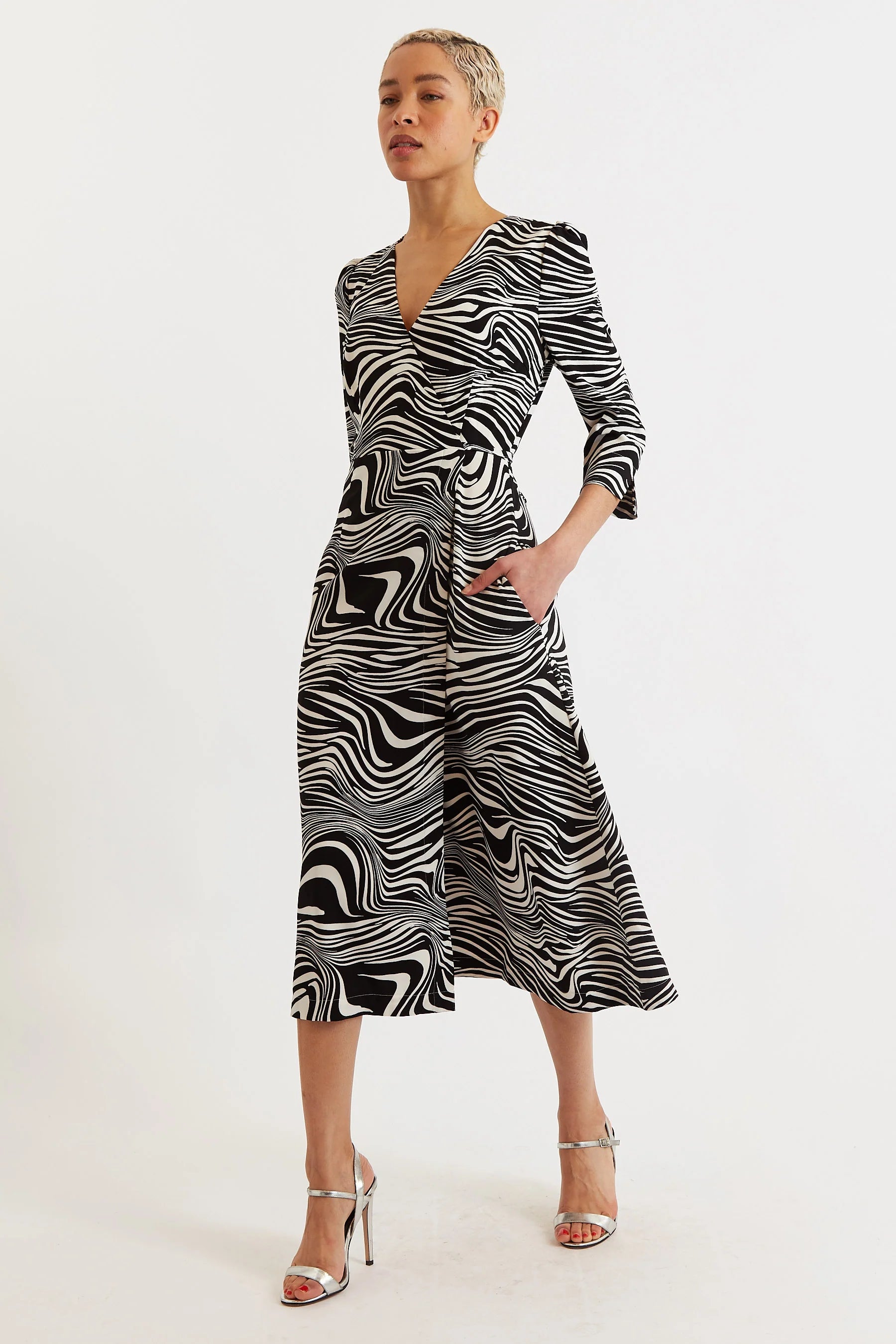 Haden Zebra Pop Print Wrap Midi Dress - Black and White - BlackWhite