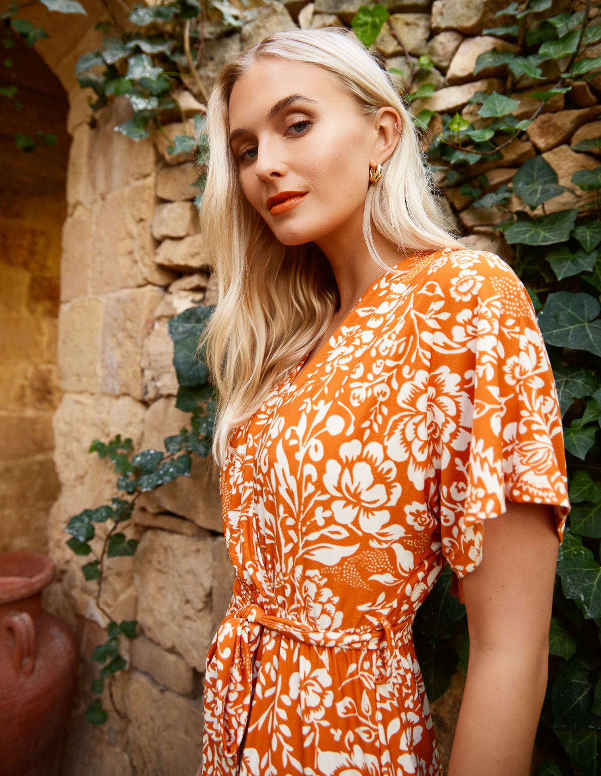 Double V Midi Dress With Tassel Tie - S ORANGE