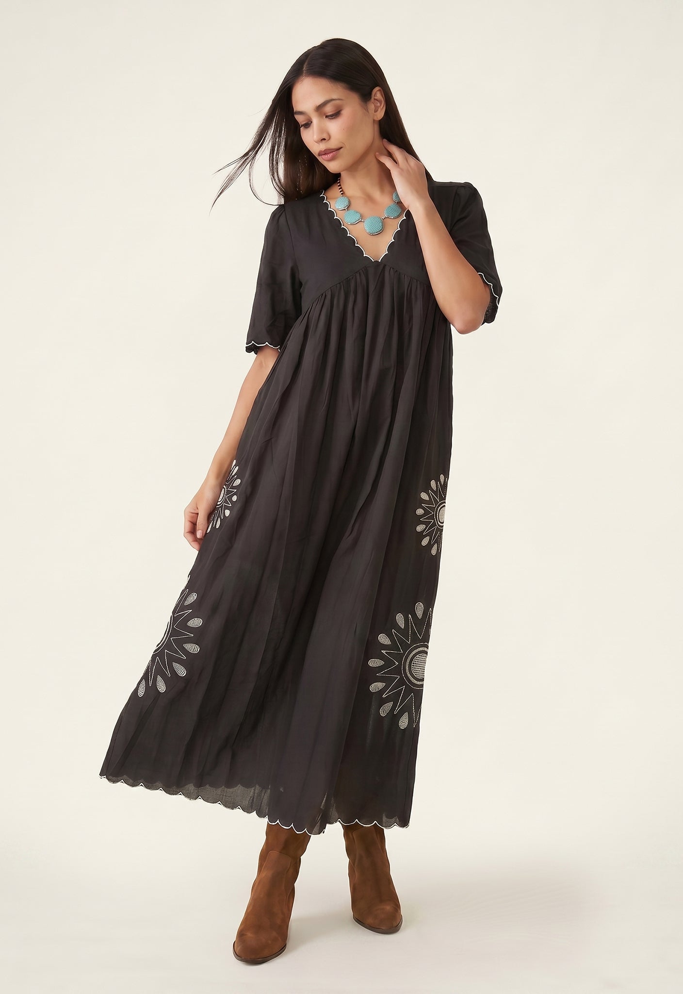 Ibiza Smock Embroidered Midi Dress In Slate Grey