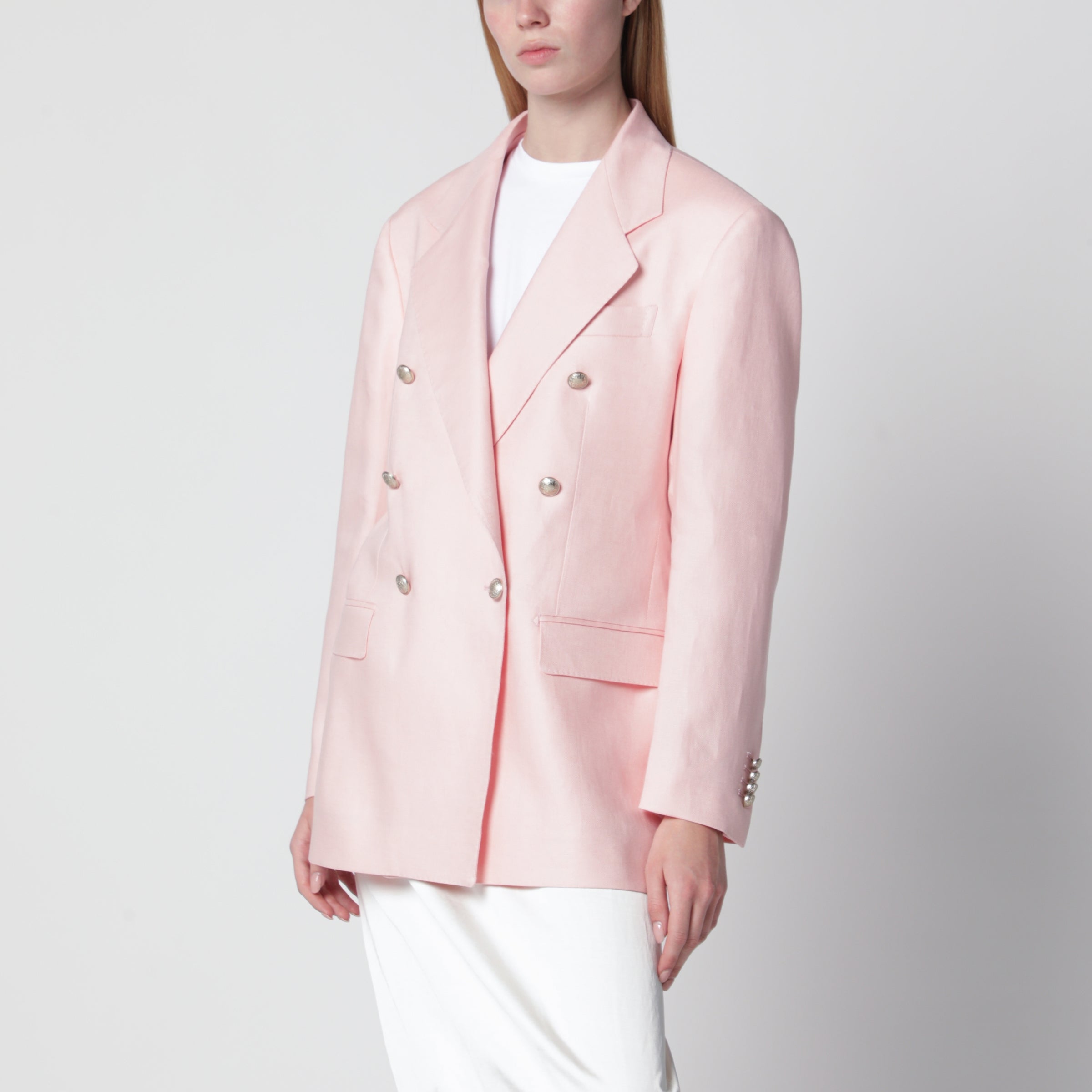 Single-breasted pink linen blazer