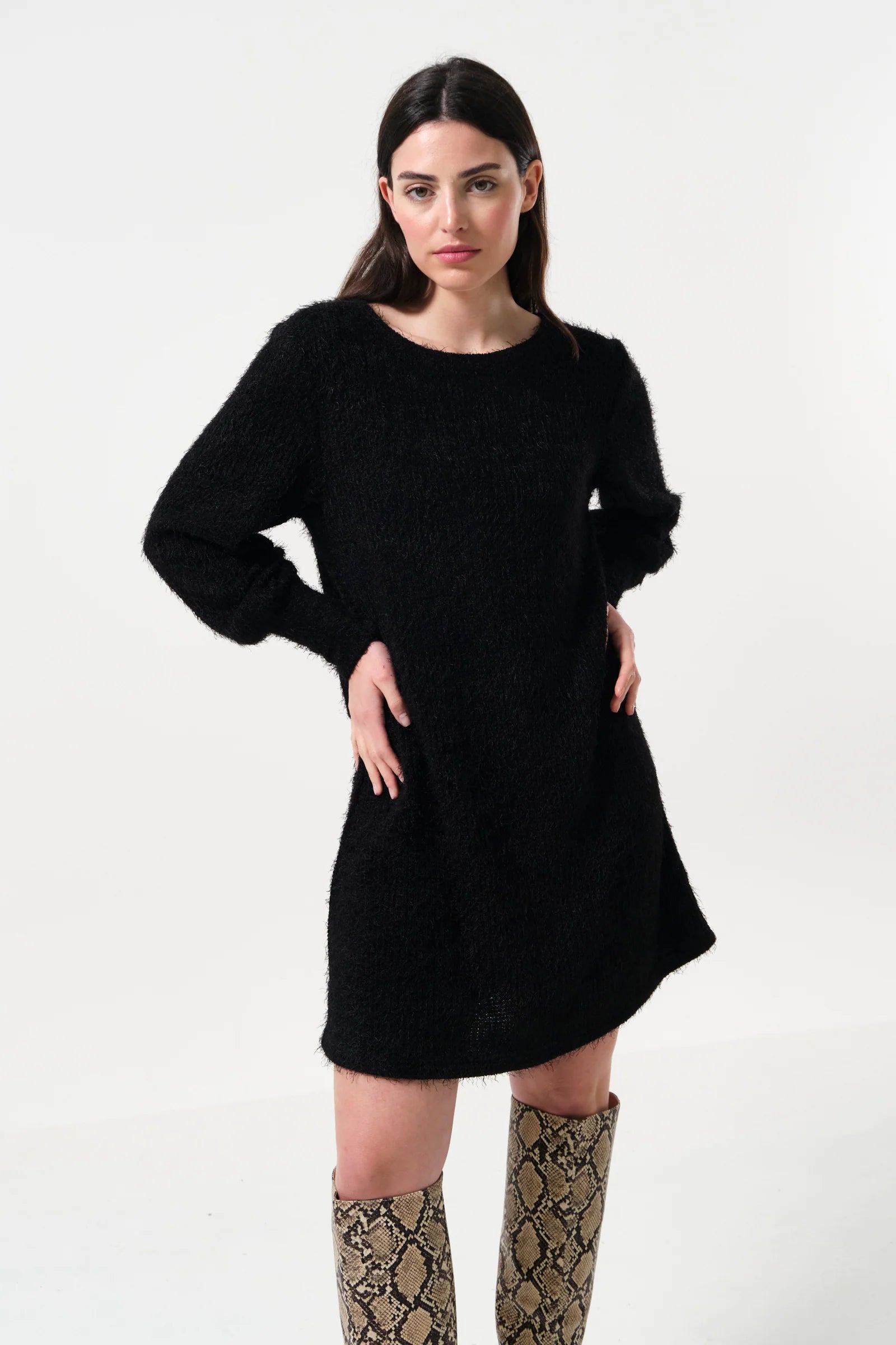 Jenyfer Eyelash Rib Long Sleeve Mini Dress - Black - Black