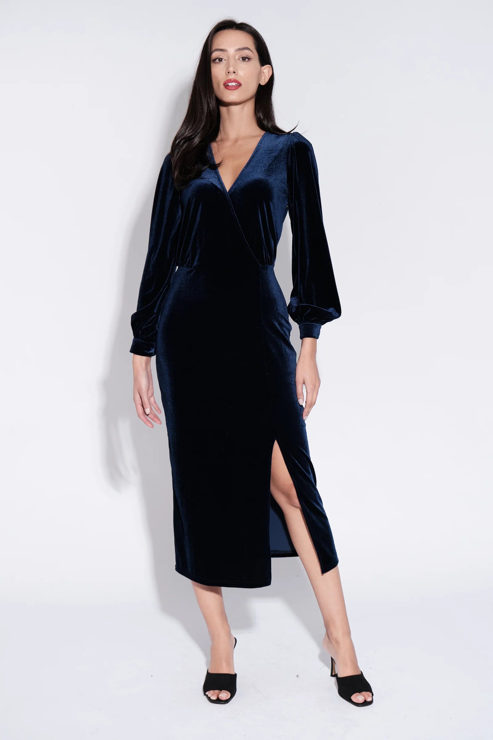Karen Velvet Wrap Midi Dress in Navy - Navy