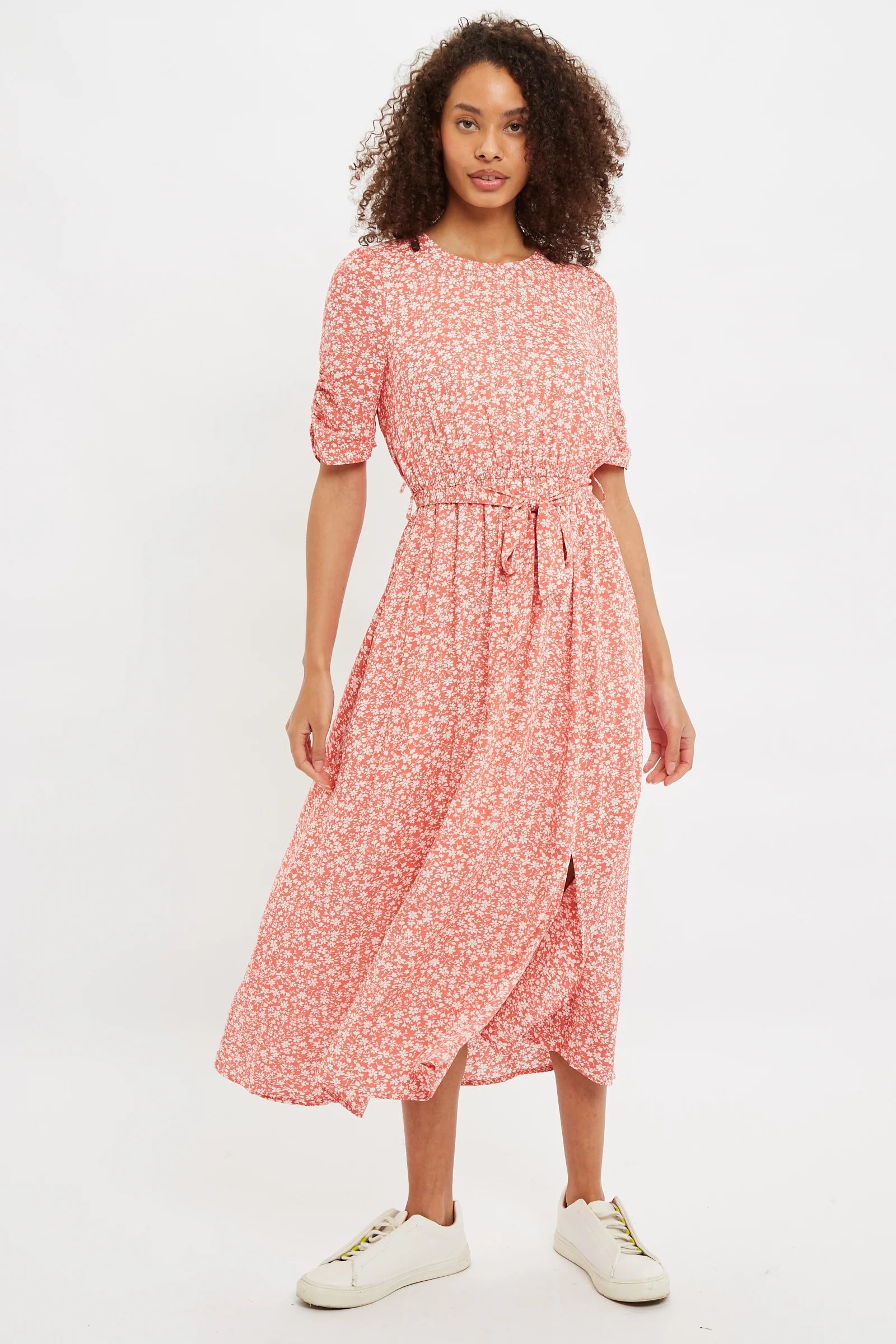 Louche Kiza Micro Blossom Print Short Sleeve Midi Dress In Pink - Pink
