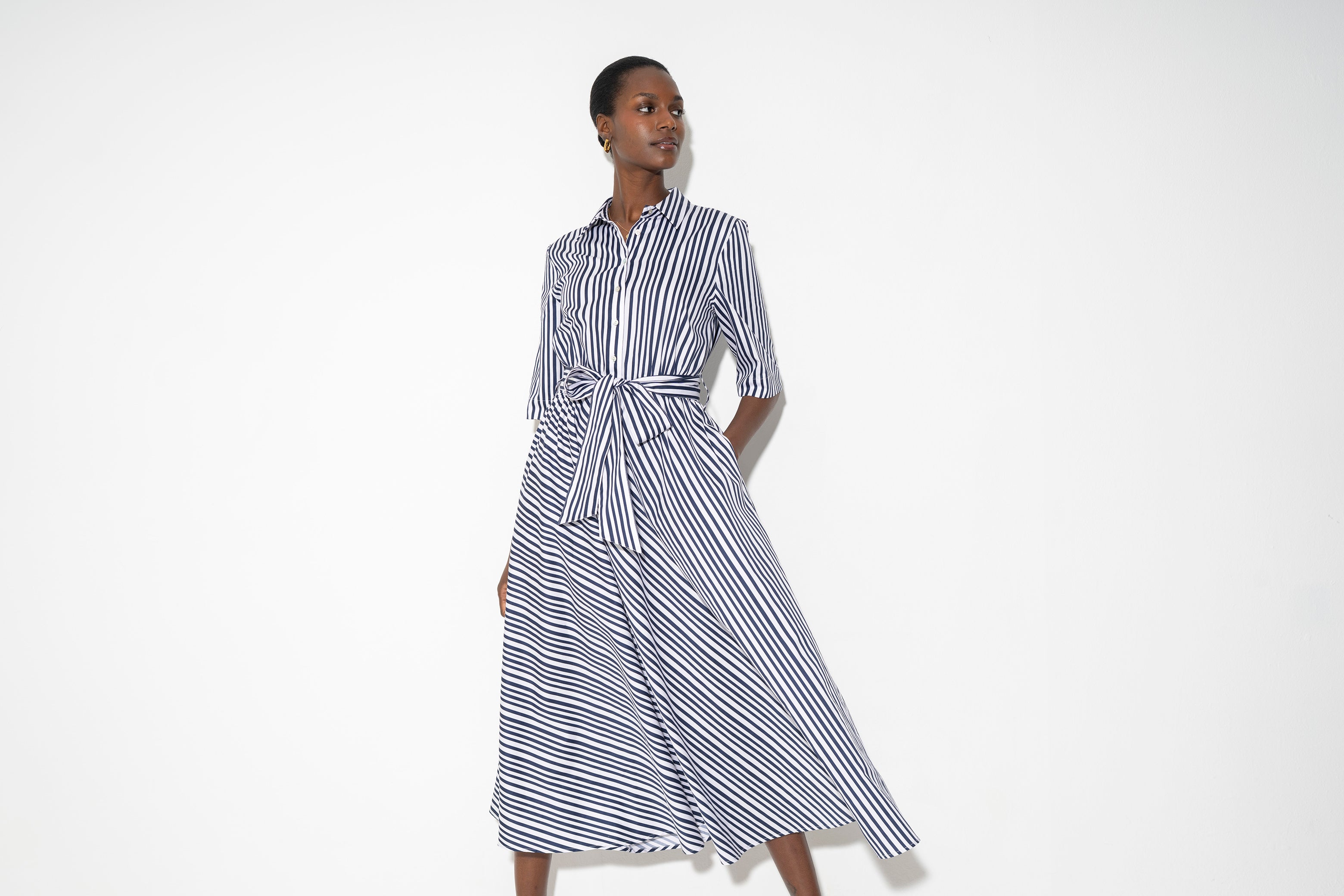 Le Marais Relaxed Fit Midi Shirt Dress in Navy Stipe Cotton Sateen - Regular
