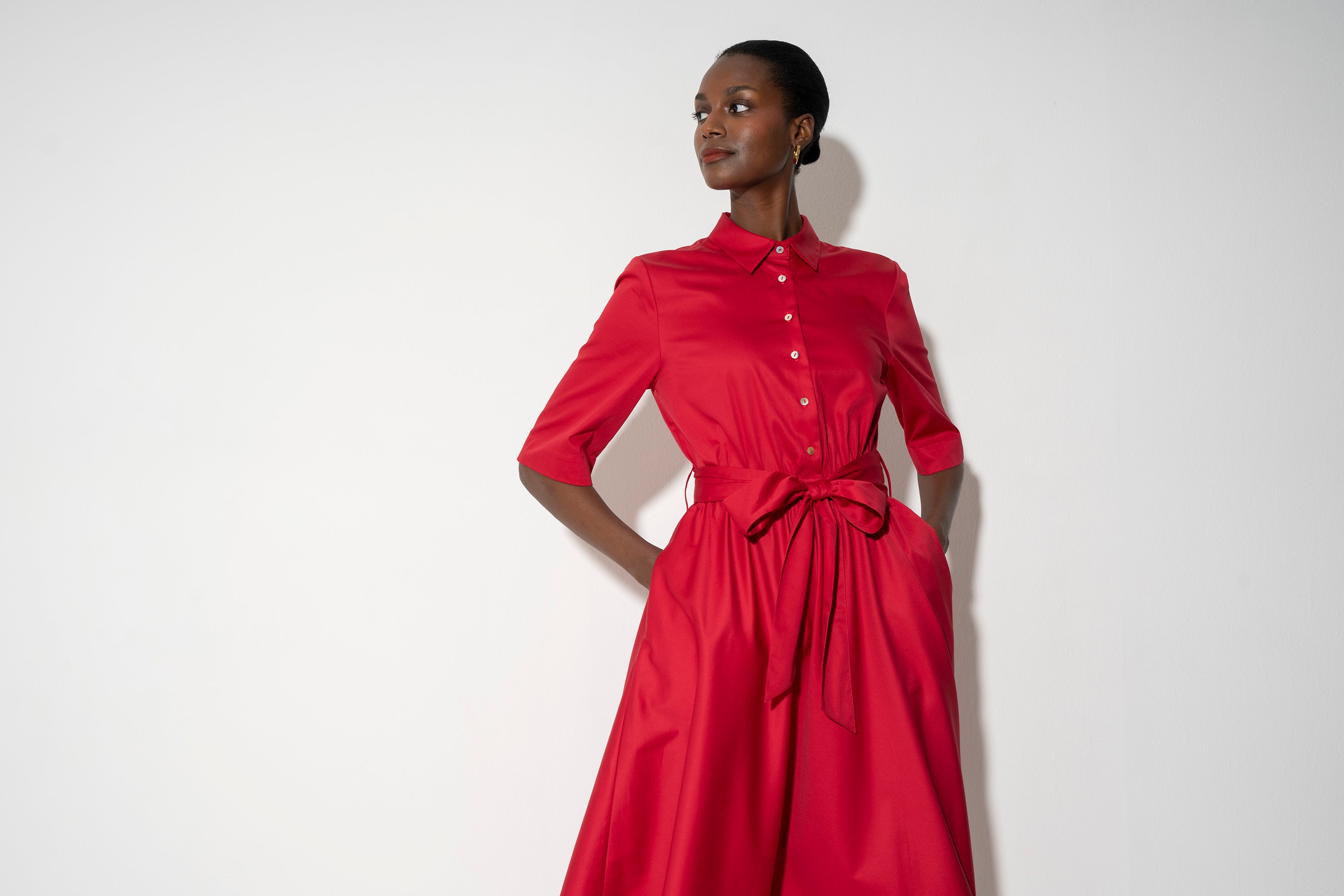 Le Marais Relaxed Fit Midi Shirt Dress in Red Cotton Sateen - Long