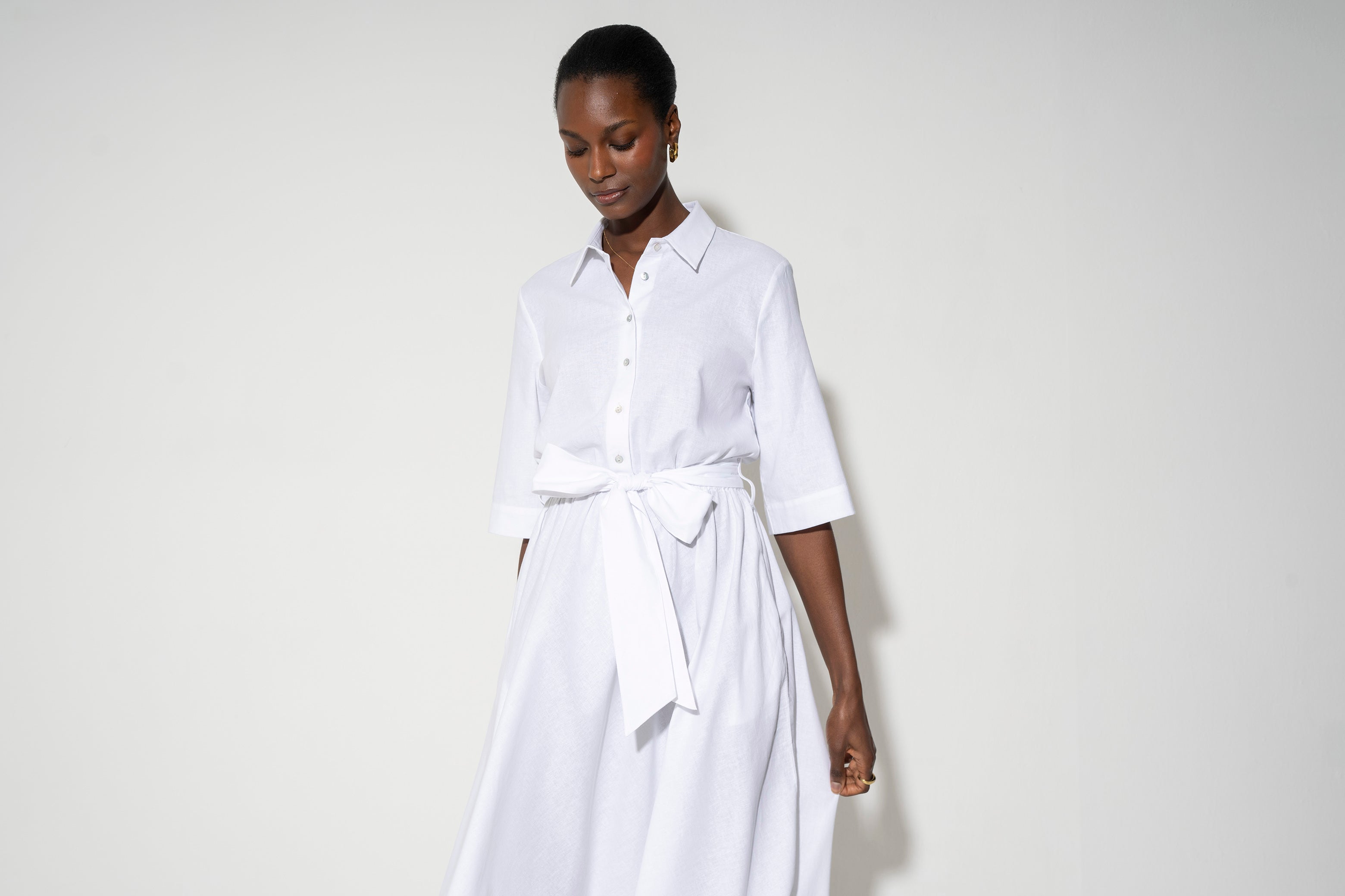 Le Marais Relaxed Fit Midi Shirt Dress in White Linen - Long
