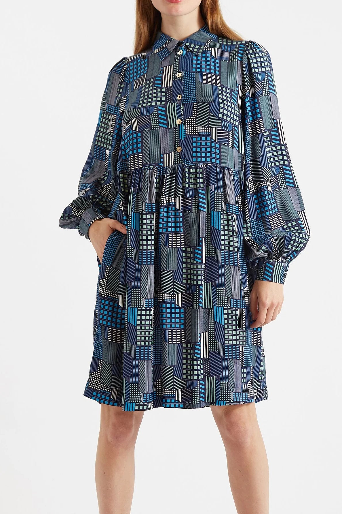 Melly Geo City Print Mini Shirt Dress - BlueMulti