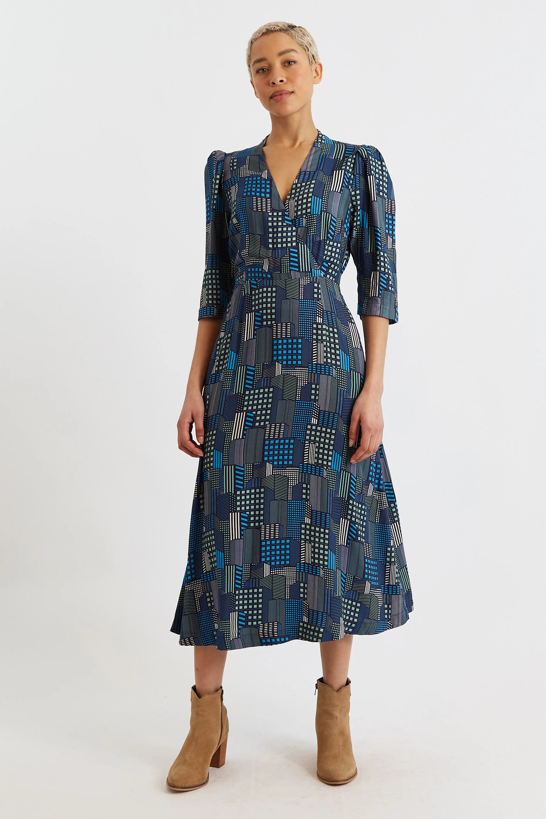 Metea Geo City Print Faux Wrap Midi Dress - BlueMulti