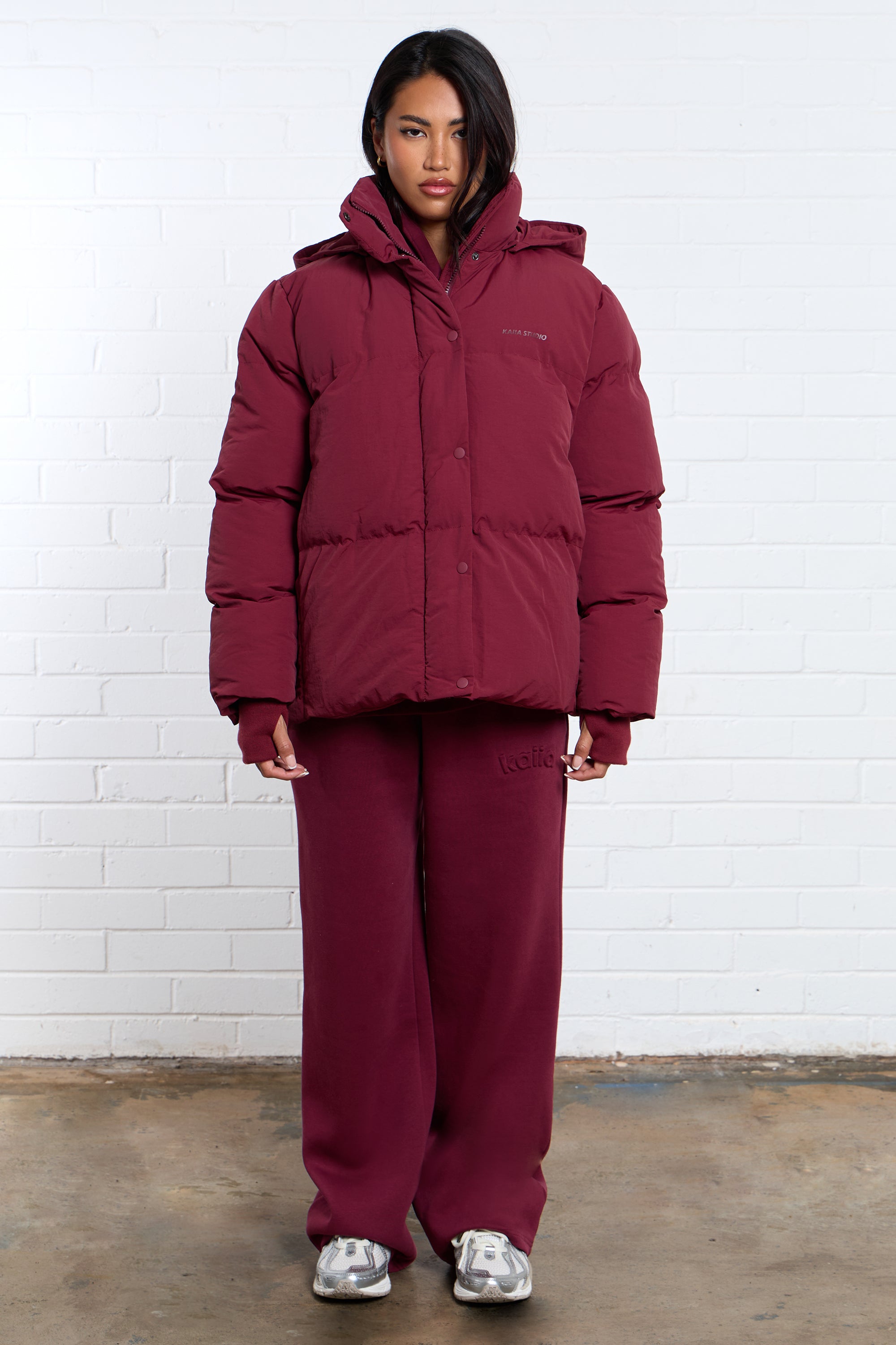 Kaiia Studio Logo Oversized Puffer Coat Burgundy