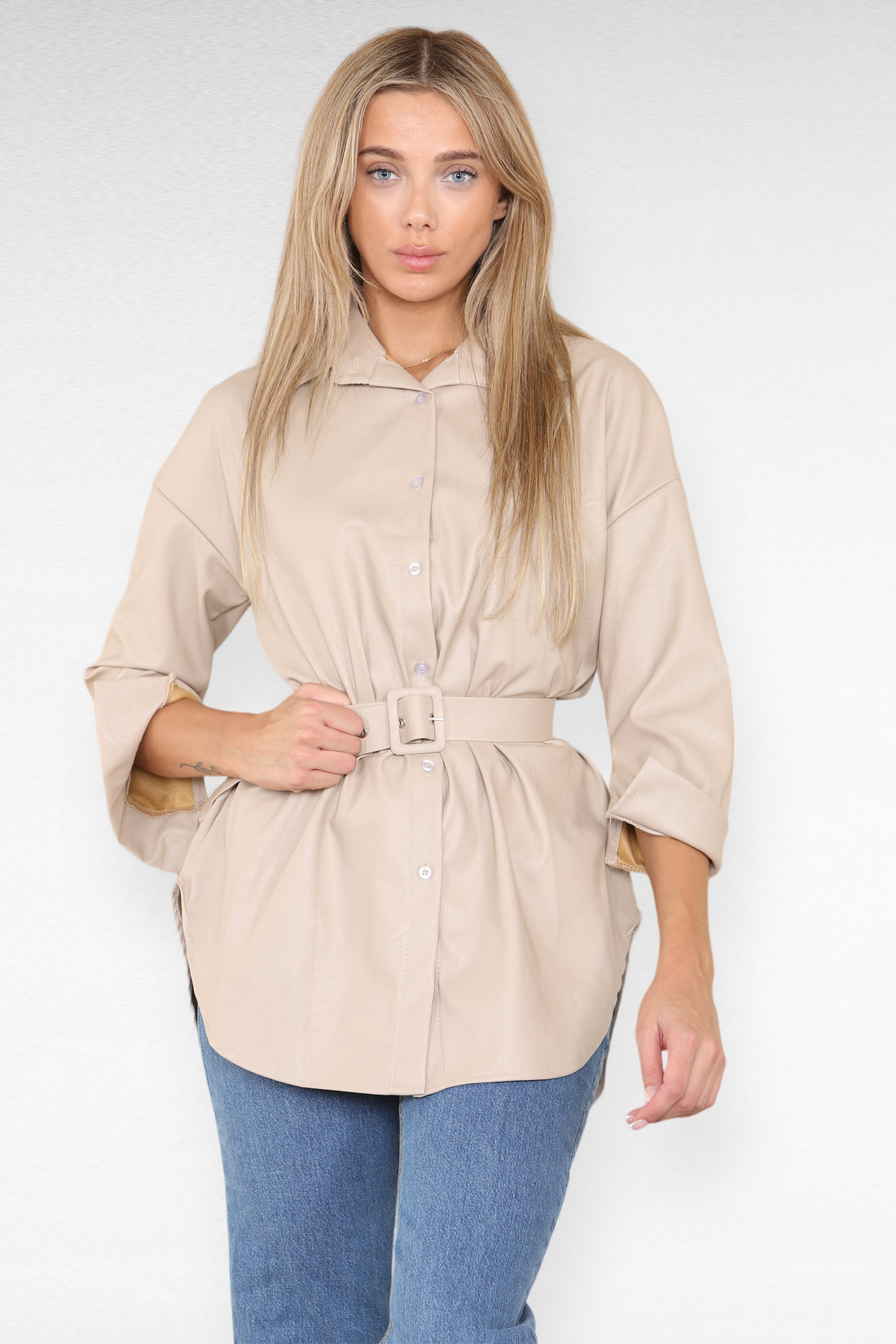 PU Faux Leather Belted Wet Look Shirt Dress - Beige One Size -