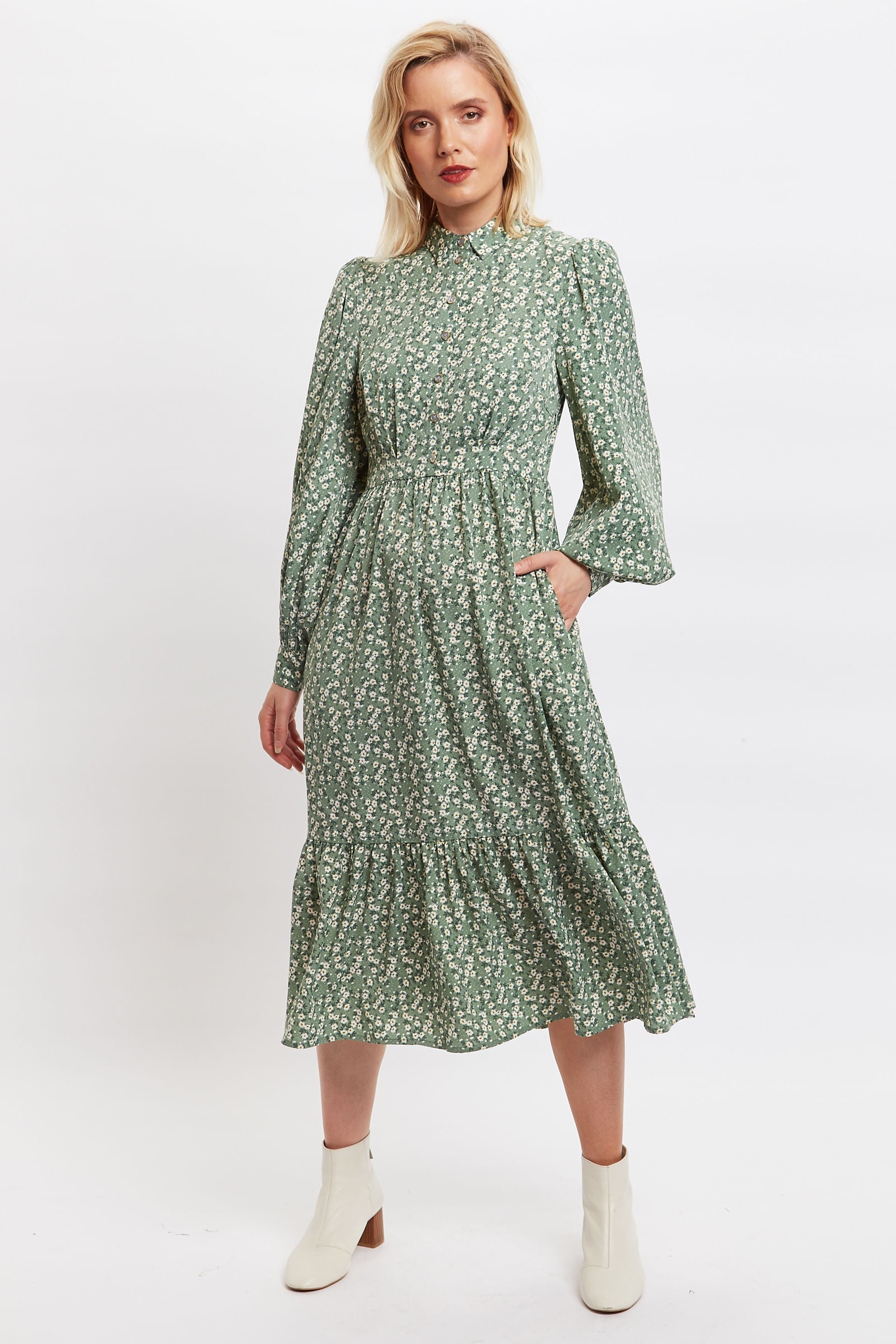 Louche Nathalia Double Daisy Print Tiered Mini Dress - GreenWhite
