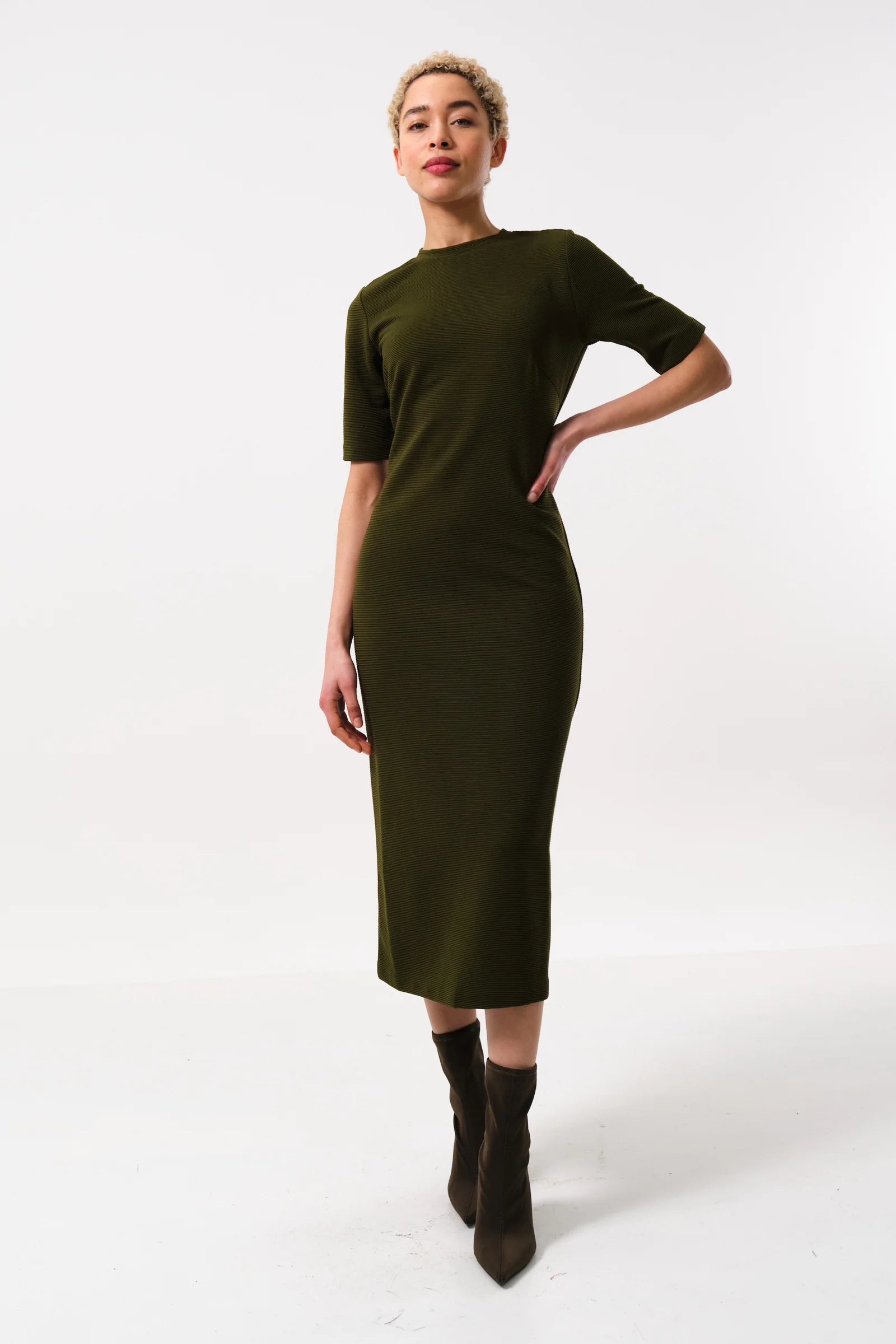 Nila Rib Bodycon Midi Dress - Green - Green