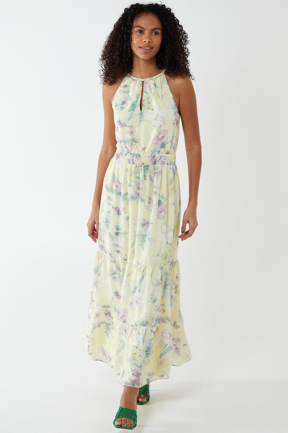 Halterneck Tiered Shirred Waist Dress - YELLOW PATTERN