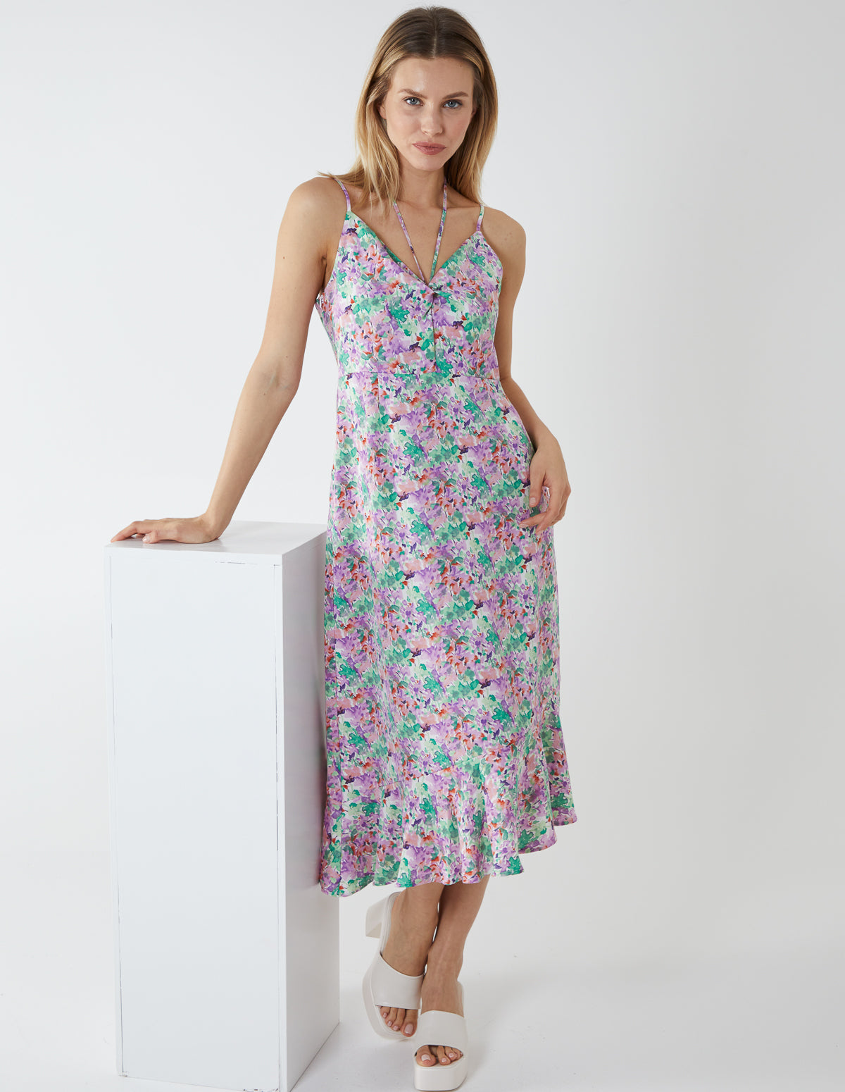 Twist Front Floral Print Midi Dress - Lilac