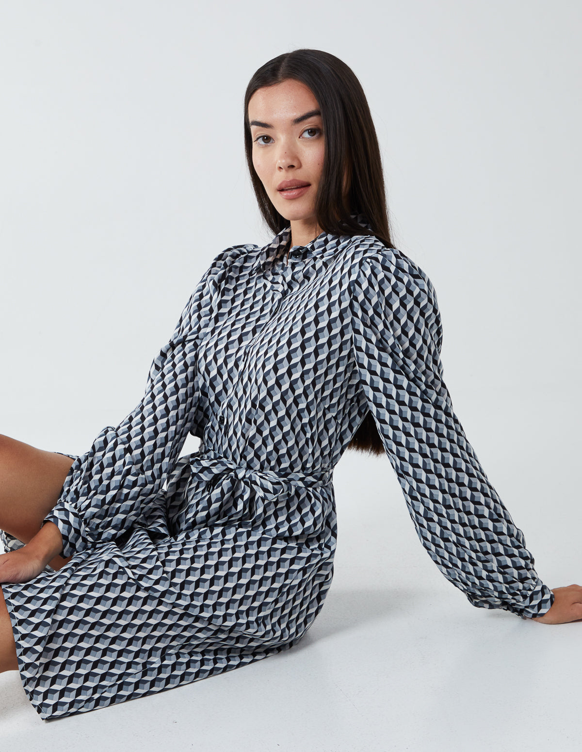Geometric Print Shirt Dress - BLACK PATTERN