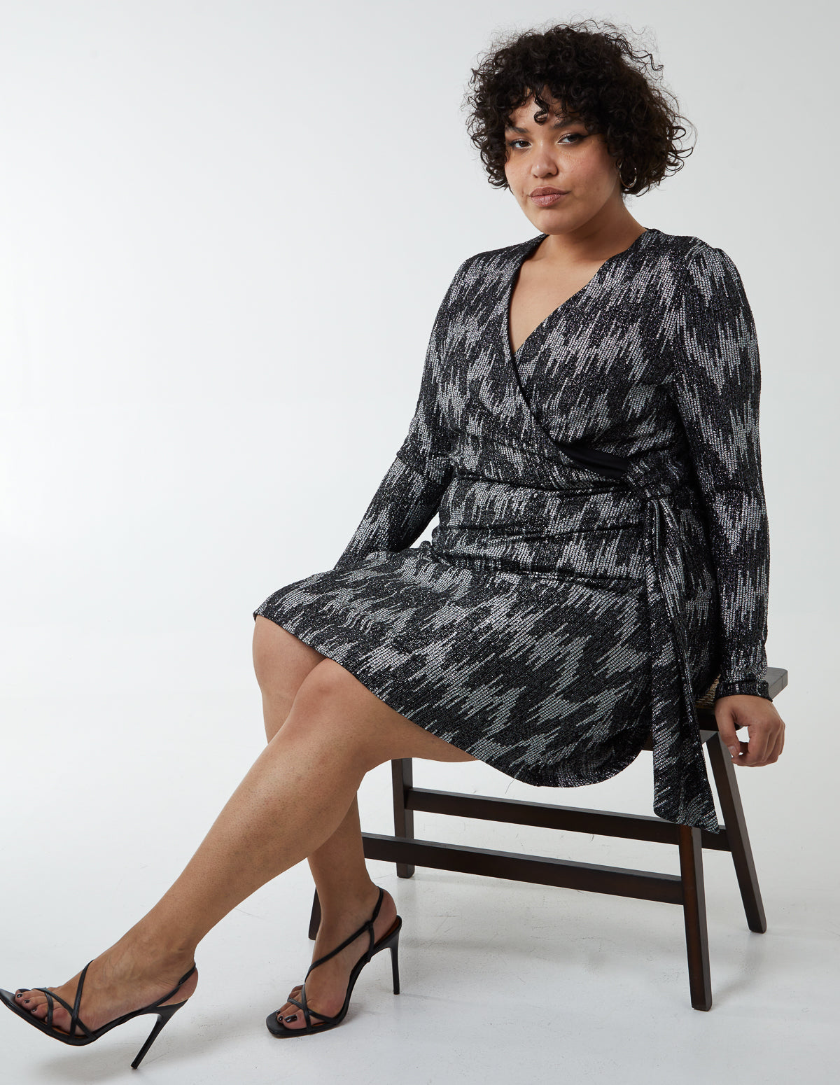 Curve Sparkly Fixed Wrap Skater Dress With Tie - SILVER