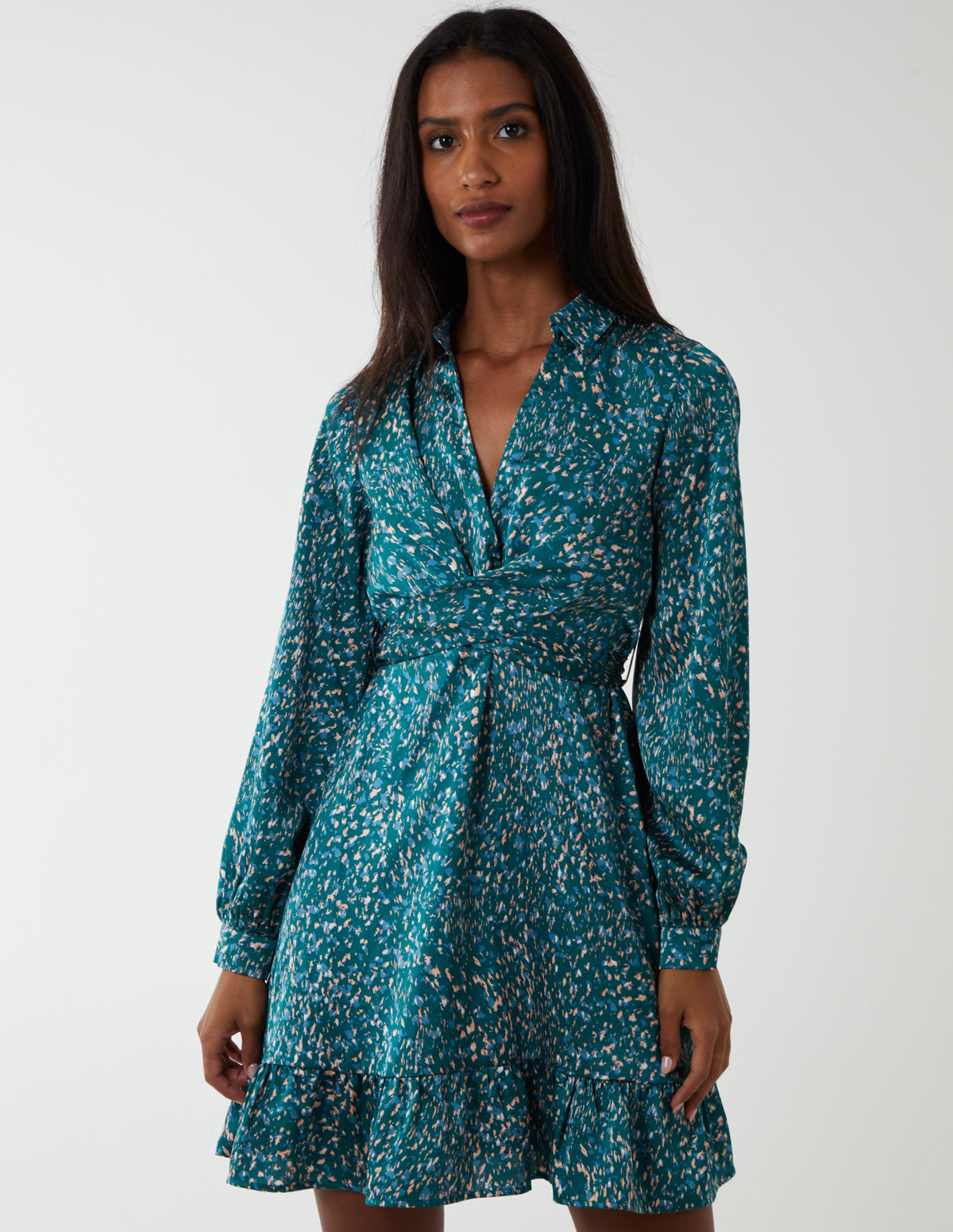 Wrap Bust Mini Shirt Dress - GREEN