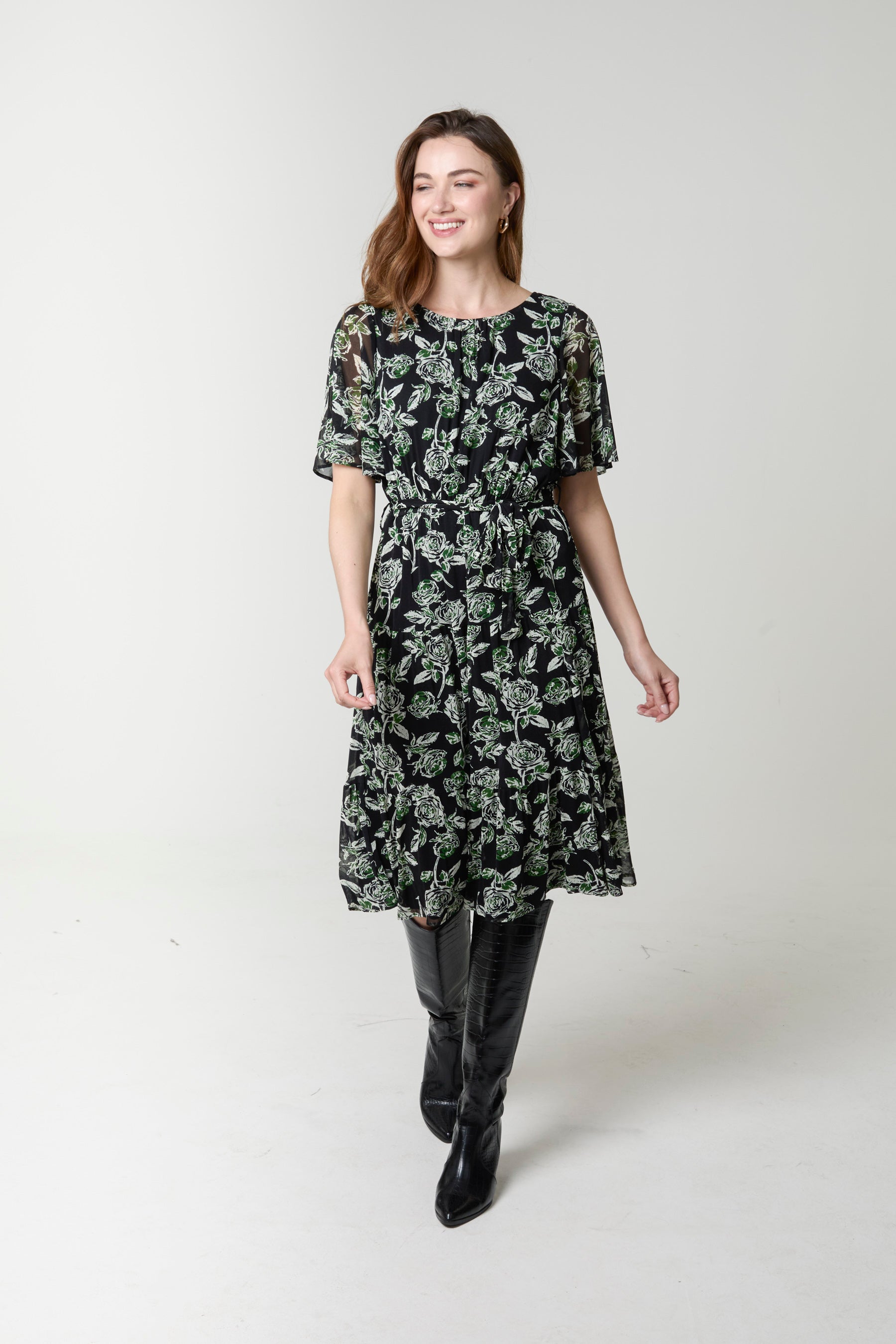 Floral Crew Neck Mesh Midi Dress - S BLACK PATTERN
