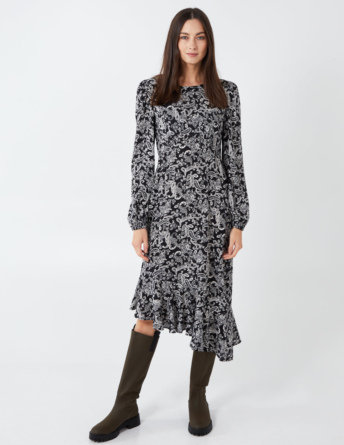 Paisley Long Sleeve Asymmetric Midi Dress - BlackIvory