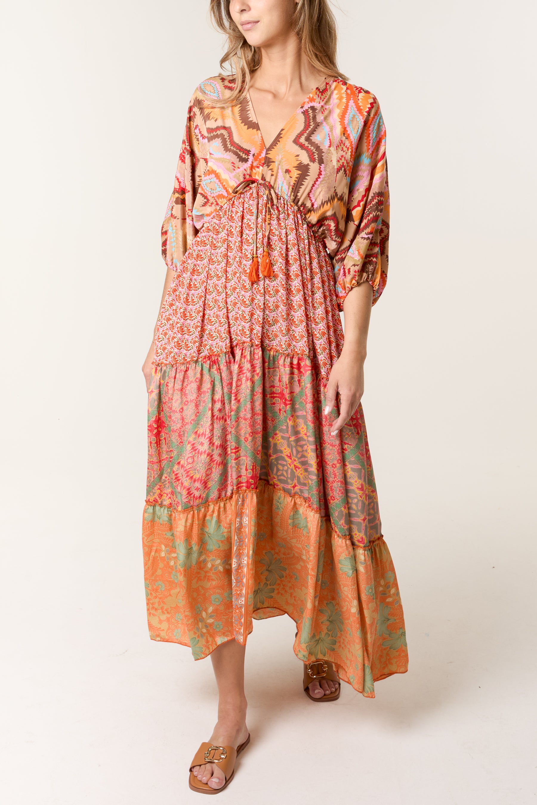 Mixed Print Double V Neck Dress - ONE ORANGE