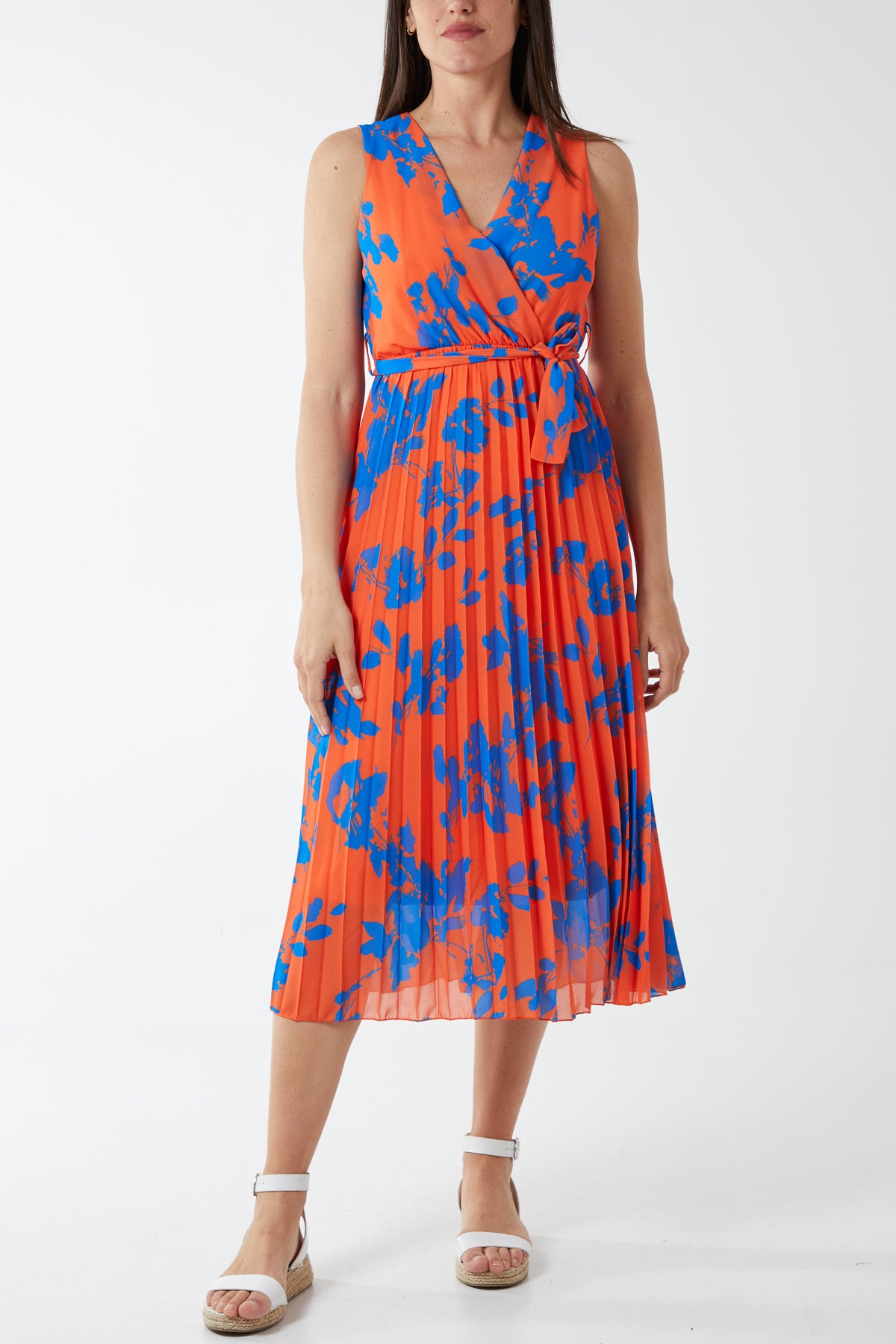 Floral Print Sleeveless Dress - ML ORANGE