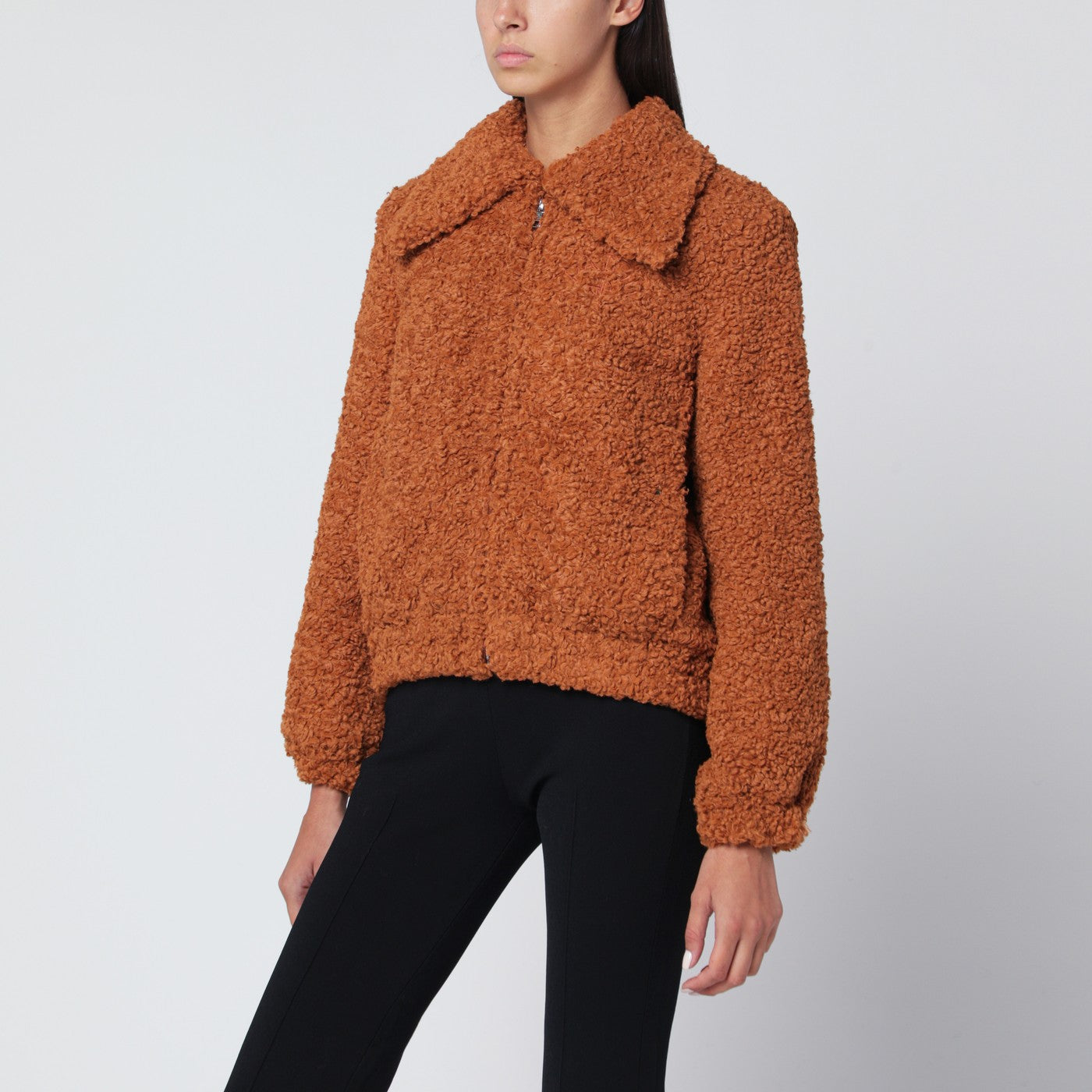 Pumpkin-coloured faux fur bomber jacket