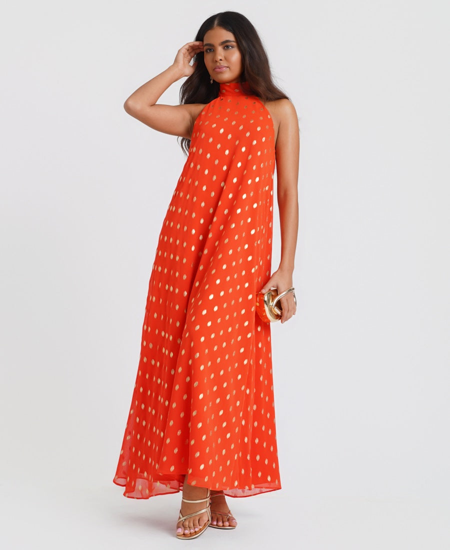 Orange Foil Halter Midaxi Dress