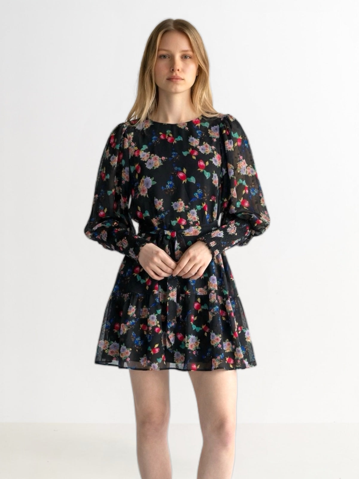 Louche Daphne Carpathian Florals Print Shirred Cuff Tie Waist Mini Dress - Black