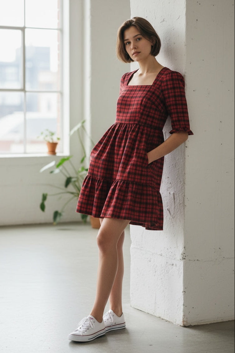 Sassa Winter Gingham Tiered Mini Dress in Red and Black - RedBlack