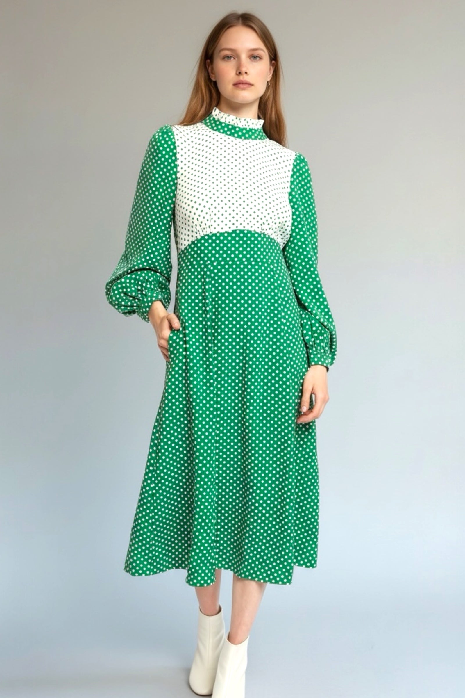 Louche Sorrel Polka Dot Print Long Sleeve Midi Dress - GreenWhite