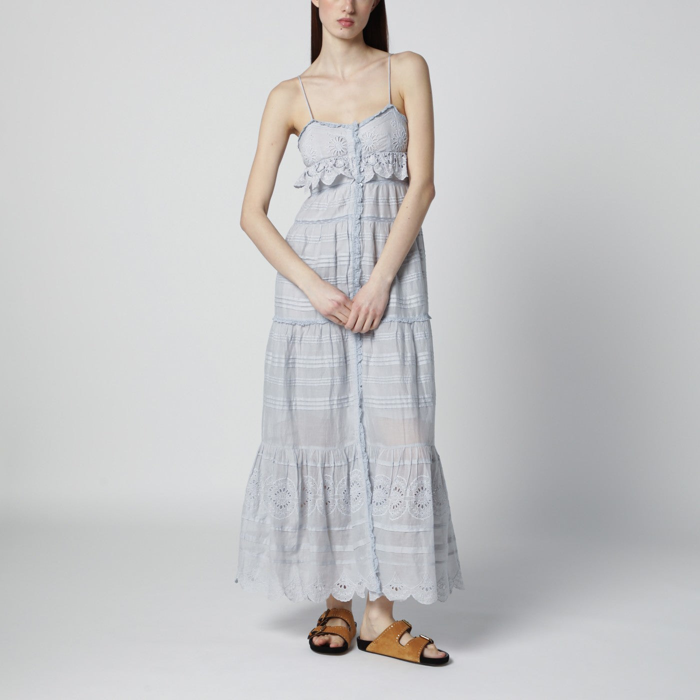Light blue Paule long cotton dress with lace
