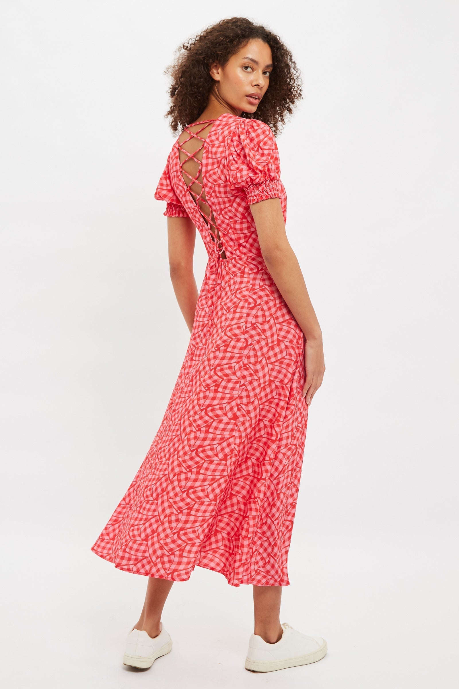 Louche Romola Gingham Twist Print Laced Back Short Sleeve Midi Dress - RedPink
