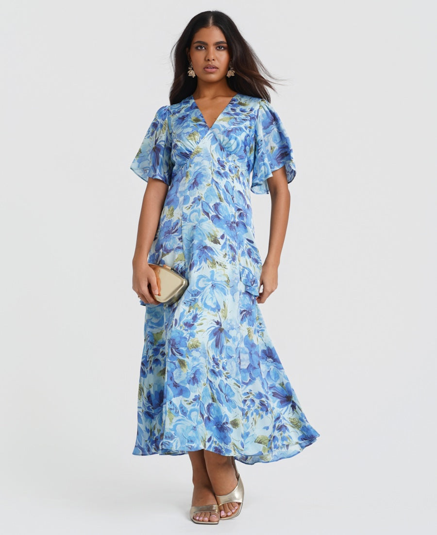 Ruffle Blue Floral Midi Dress